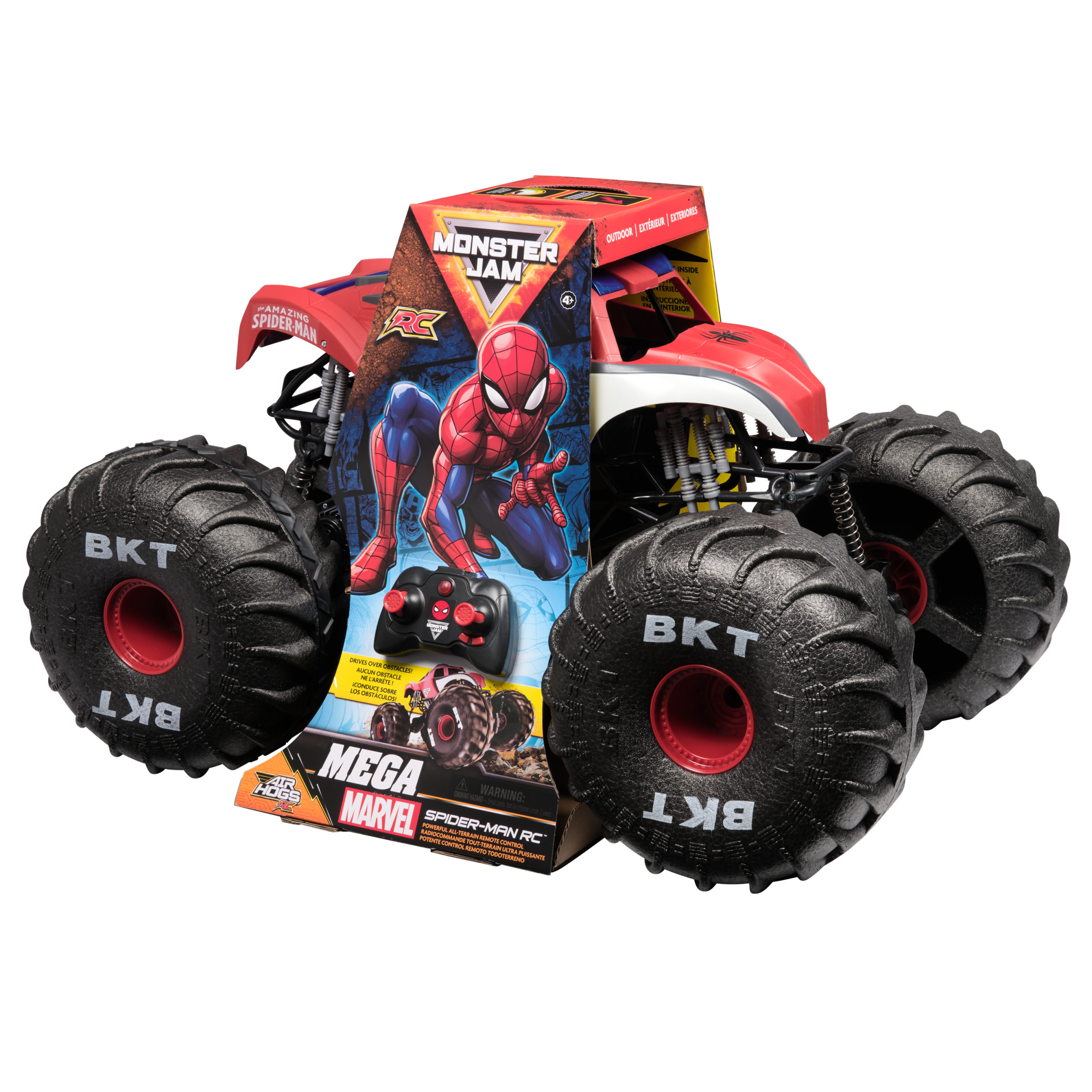Ciężarówka Monster Jam Spider-Man RC. Czerwona kabina, czarne koła z marką BKT i grafika Spider-Man.