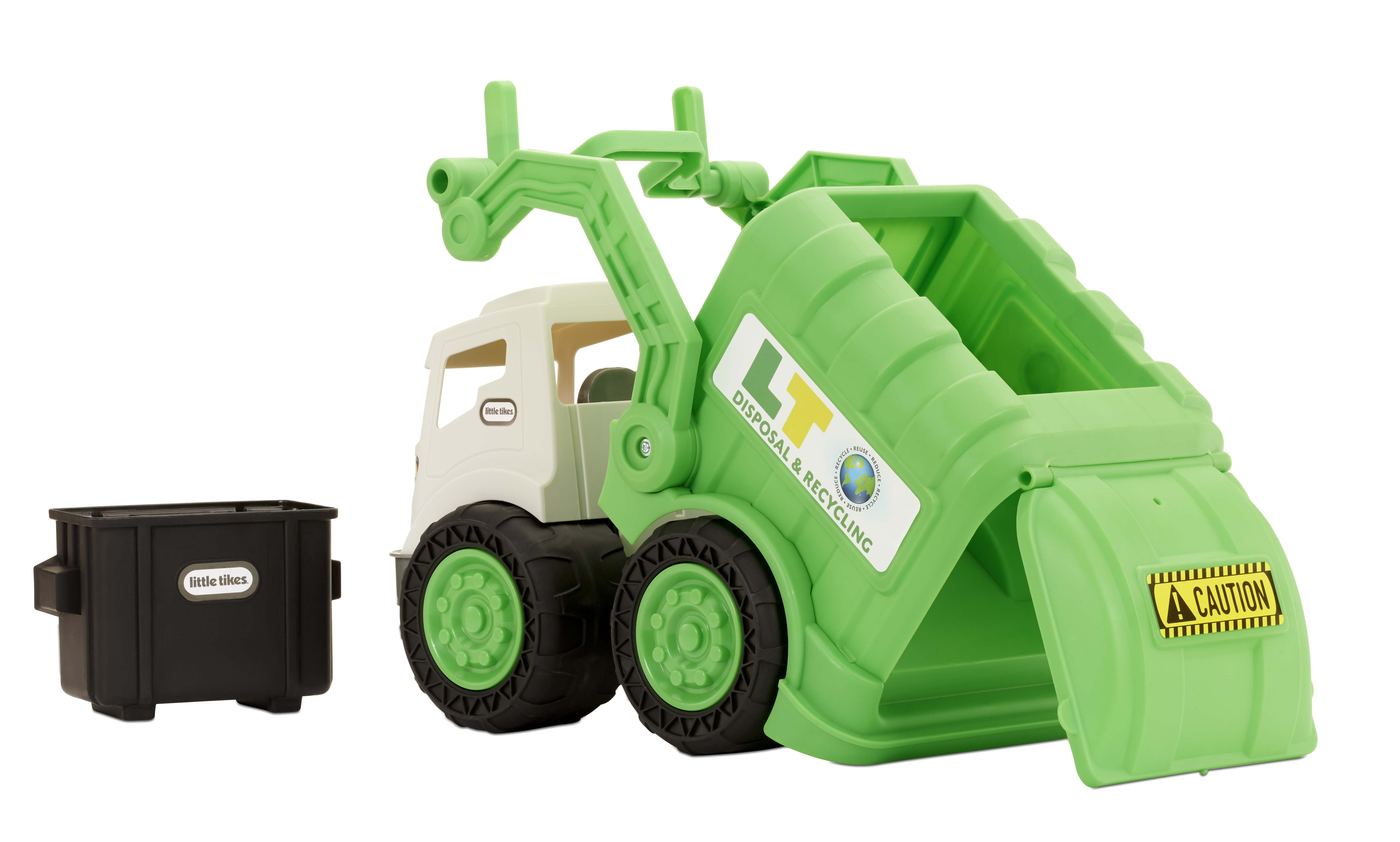 Ein grüner und weißer Little Tikes Spielzeug-Müllwagen. Links steht eine schwarze Mülltonne. Auf dem LKW steht "Entsorgung & Recycling."