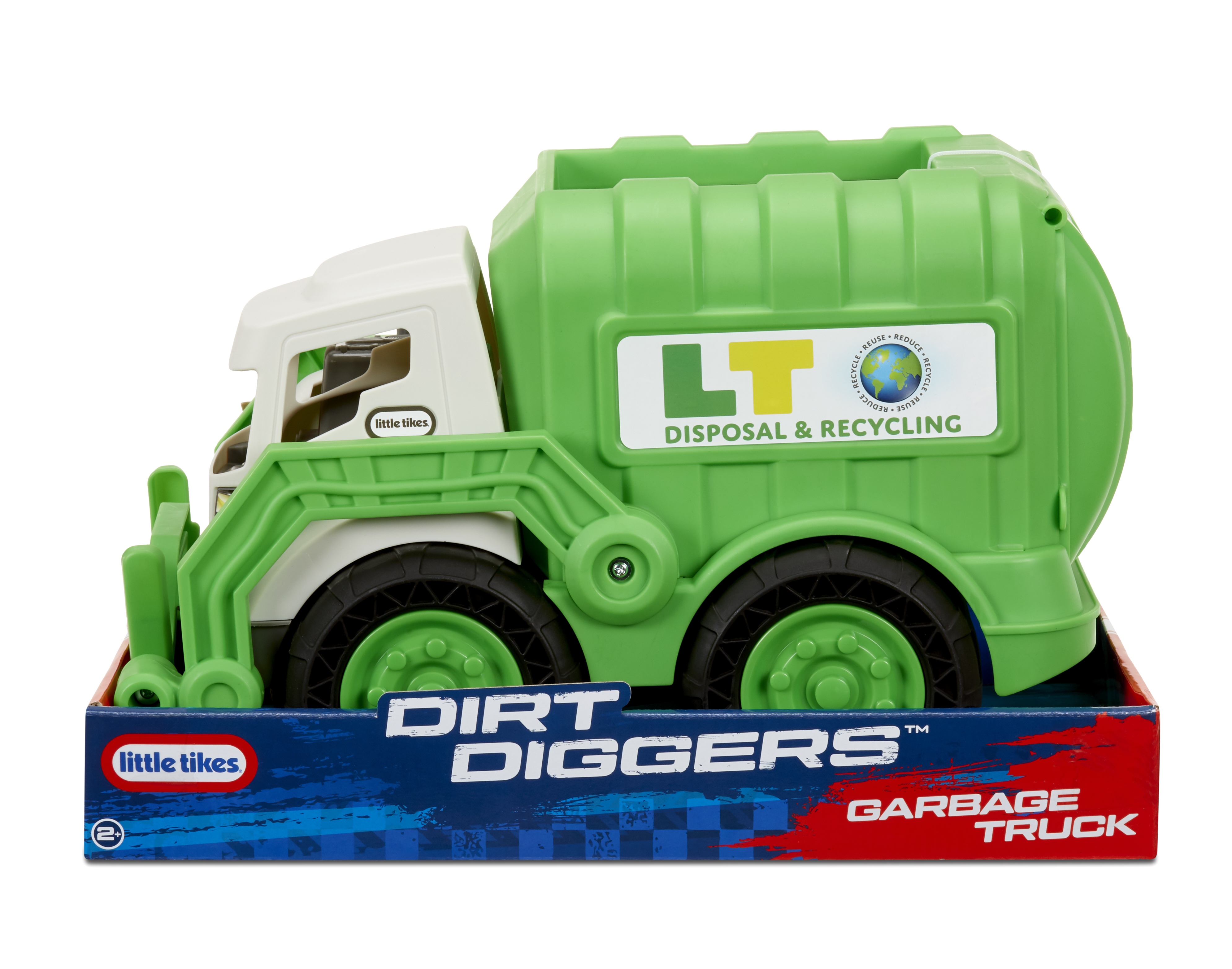 Ein grünes und weißes Little Tikes Müllwagen-Spielzeug in einer Box. Auf der Box steht "Dirt Diggers Garbage Truck".