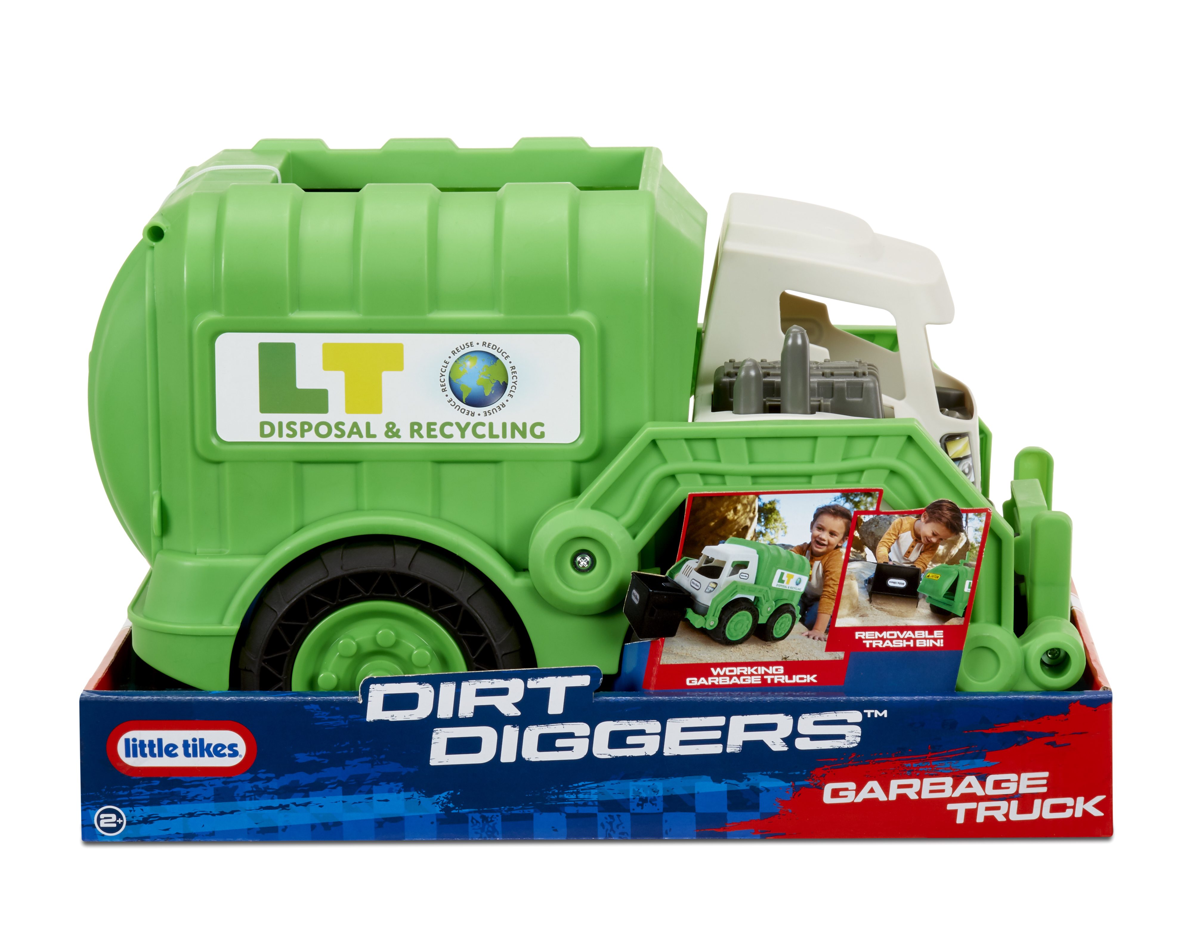 Ein grüner und weißer Spielzeug-Müllwagen in seiner Box. Der Text lautet 'Dirt Diggers Garbage Truck' und 'Little Tikes'.
