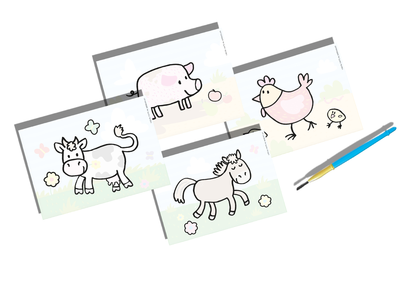 Quattro disegni di animali: maiale, mucca, cavallo e pollo. Un pennello a destra. Tutti i disegni sono su carta bianca.