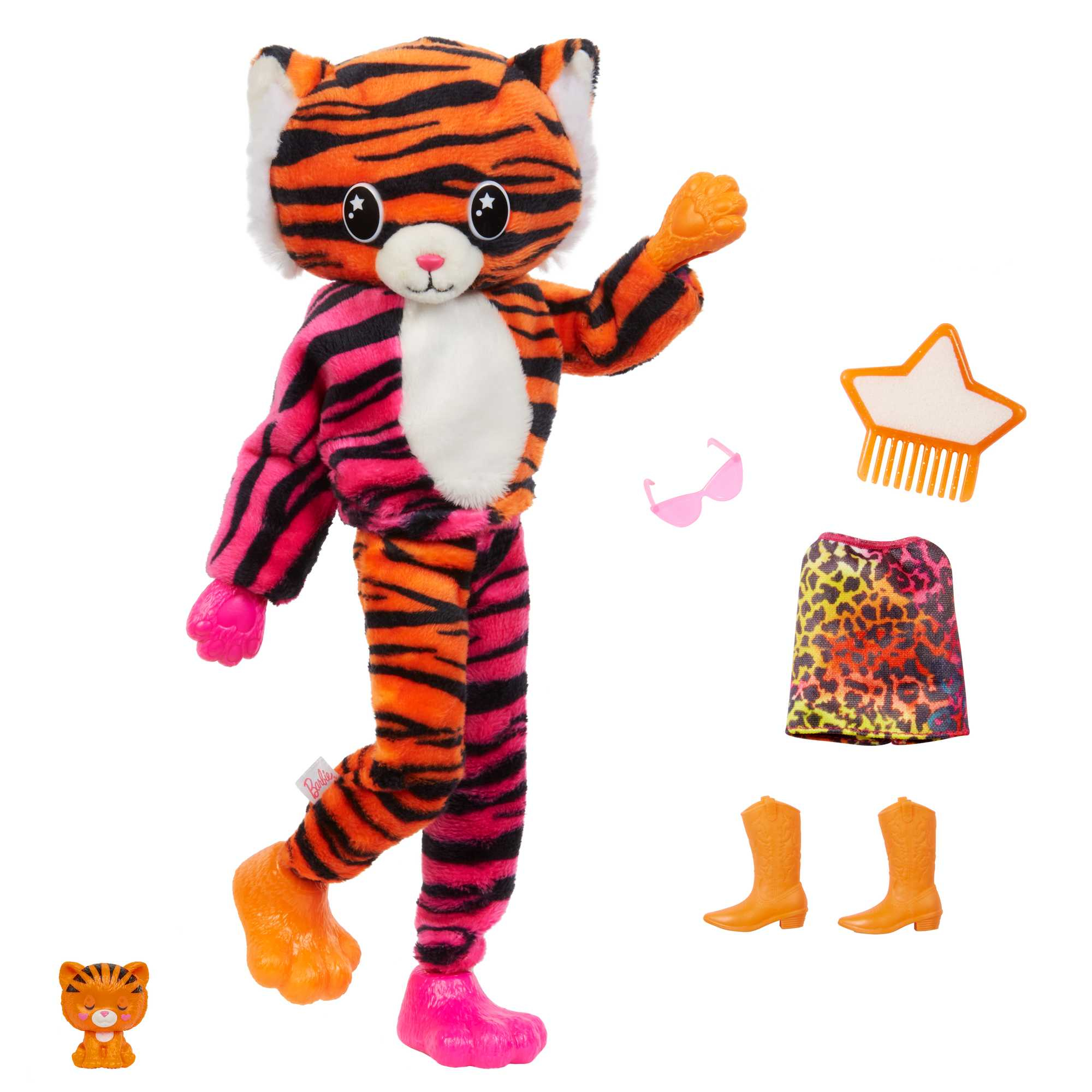Eine Tiger-Puppe mit Zubehör wie Sonnenbrille, Sternkamm, Stiefeln und Rock. Eine kleine Tigerfigur ist ebenfalls vorhanden.