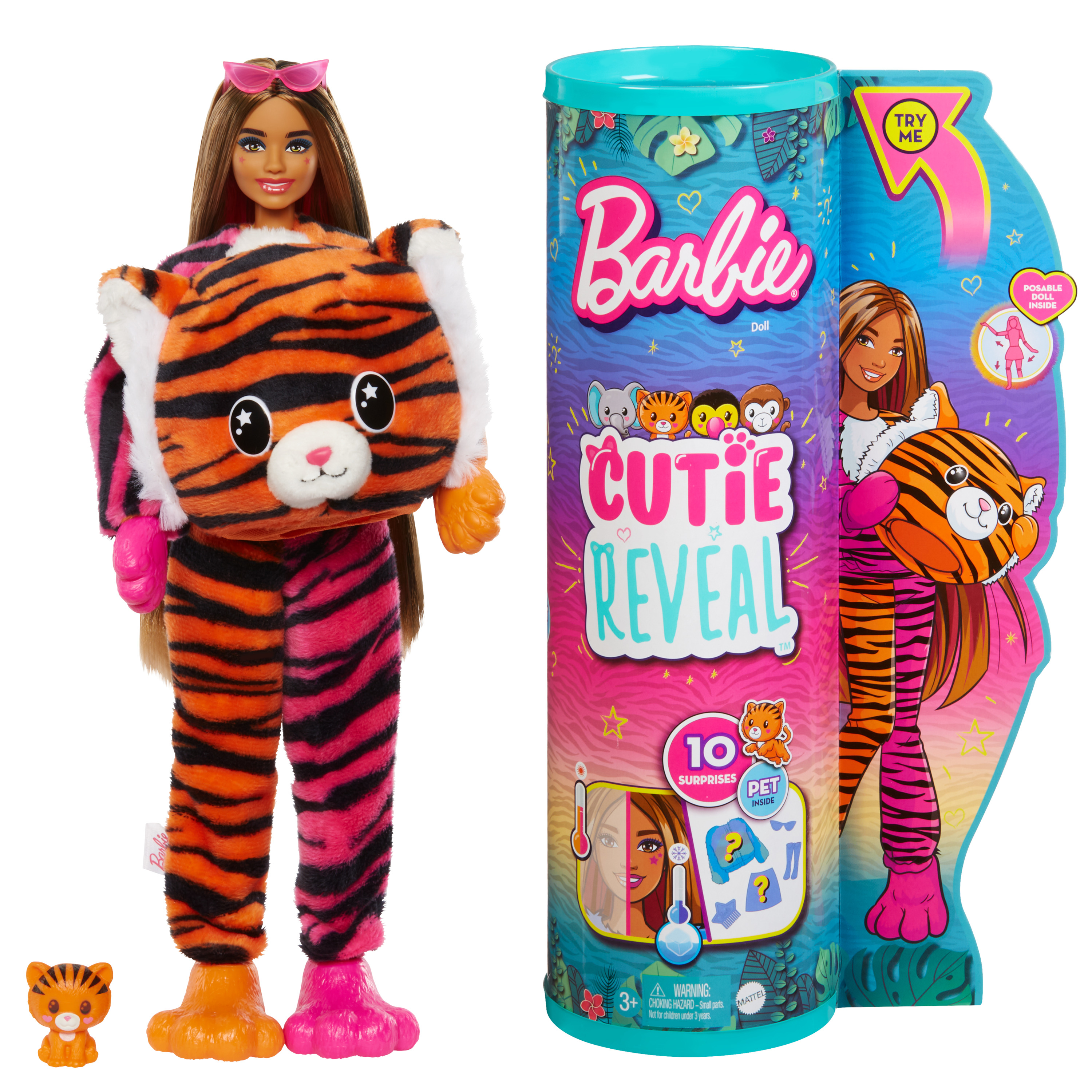Barbie-Puppe im Tigerkostüm mit kleinem Tiger-Spielzeug. Die Verpackung enthält eine Tube mit dem Aufdruck 'Cutie Reveal'.