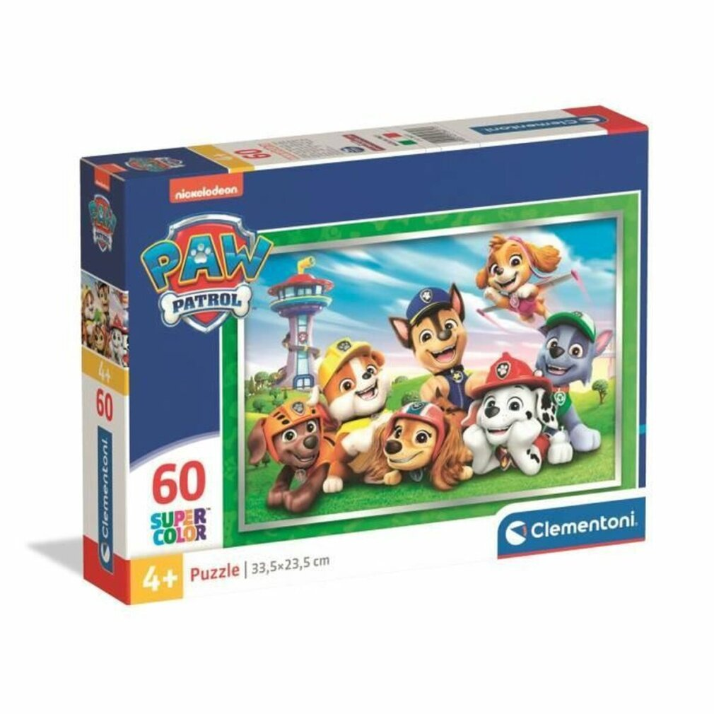 Pudełko z puzzlami Paw Patrol. Przedstawia kreskówkowe psy, wieżę widokową i logo Paw Patrol. Pudełko jest niebieskie, zielone i białe.