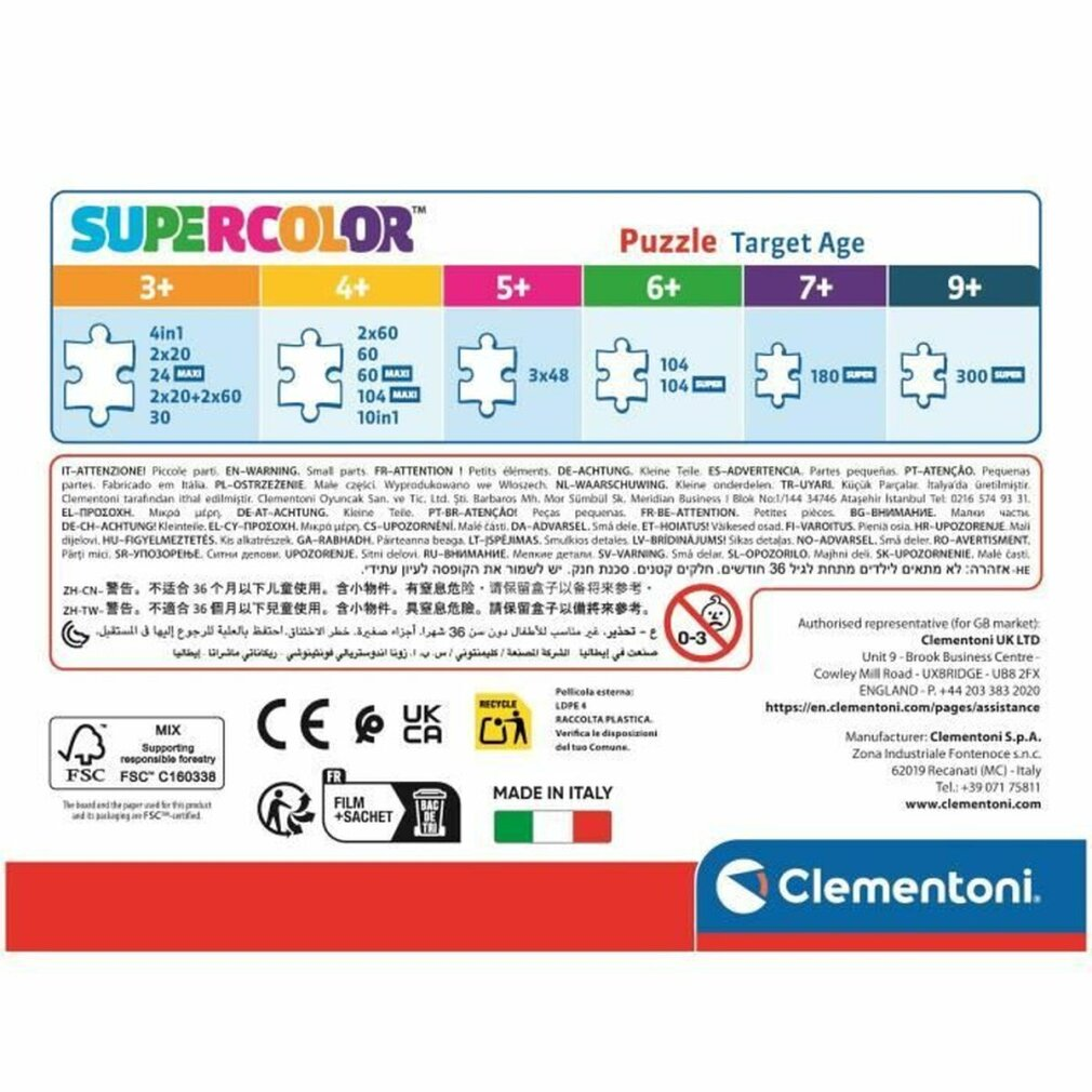 Kolorowe pudełko z puzzlami dla wieku 3+ do 9+. Zawiera elementy układanki i ostrzeżenia dotyczące bezpieczeństwa.