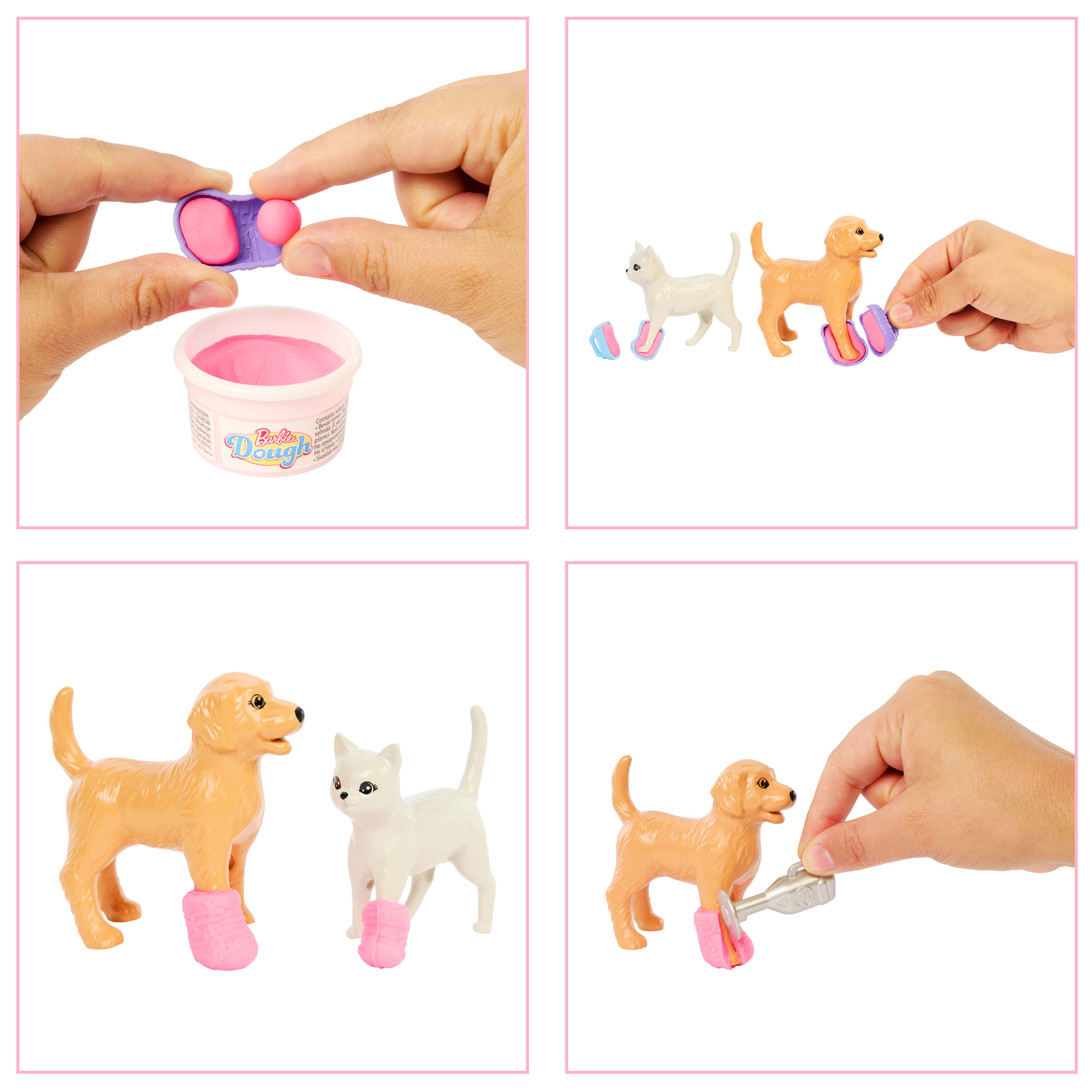 Manos jugando con plastilina rosa, figuras de perro y gato, y accesorios de juguete sobre fondo blanco.