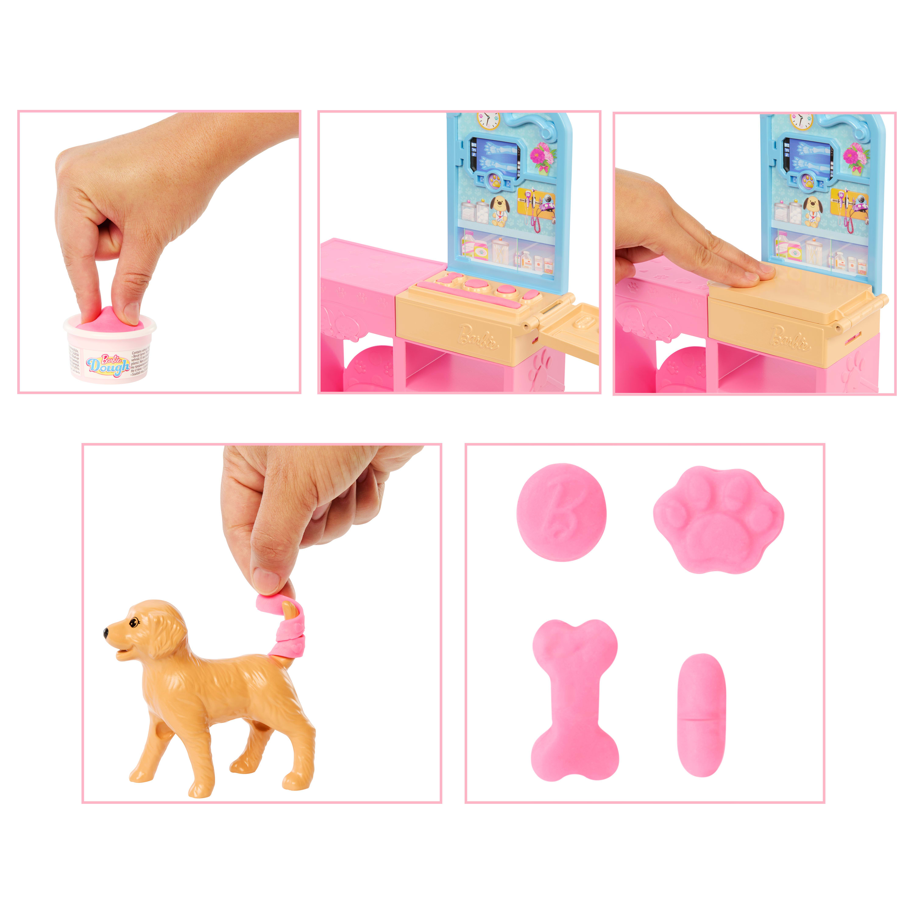 Un juego de veterinaria de Barbie. Incluye masa rosa, un perro de juguete y varios moldes como una pata, un hueso y un objeto redondo.