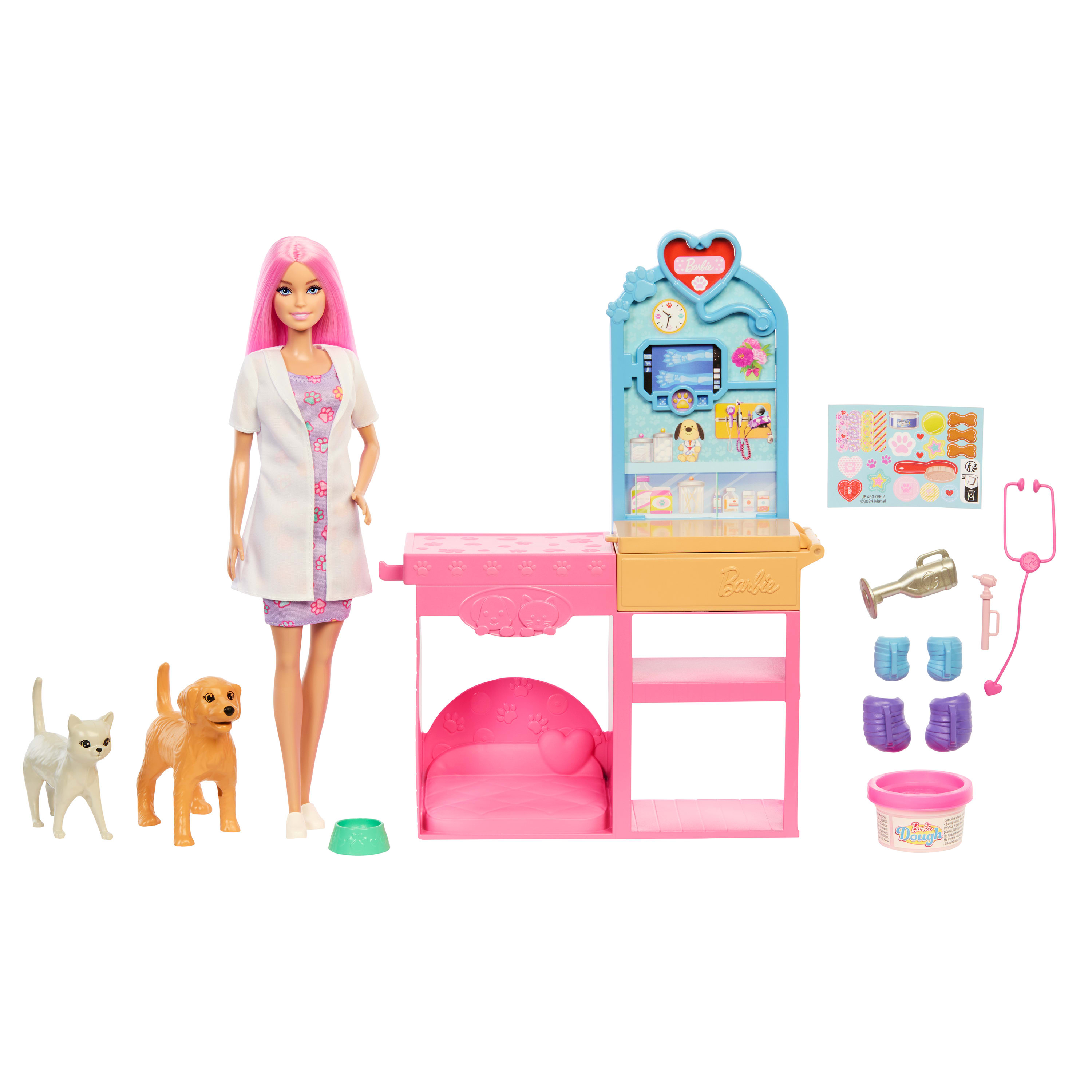 Set de juego de veterinaria Barbie con muñeca, gato, perro y accesorios. Estación veterinaria rosa y azul.