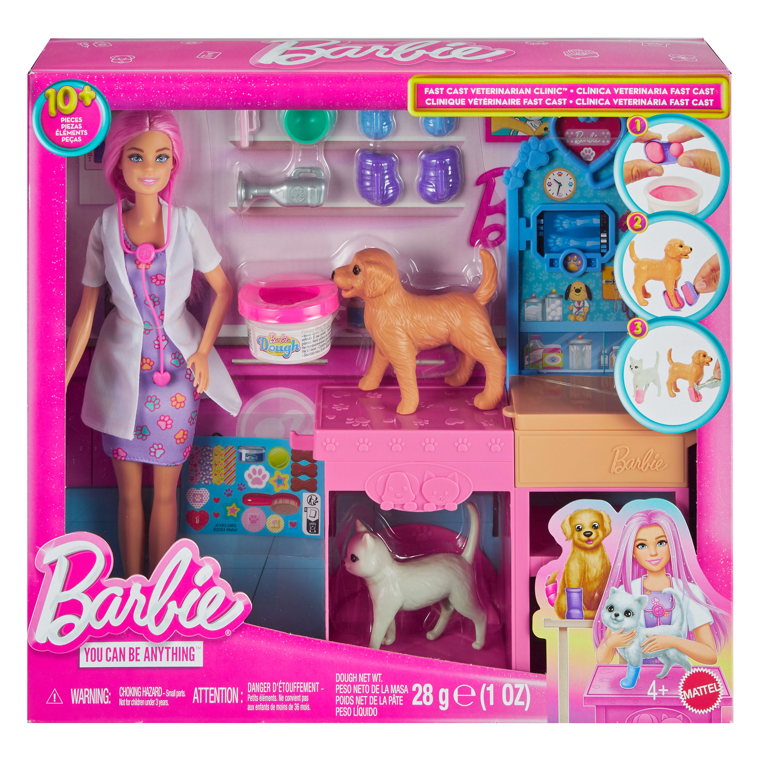 Juego de veterinaria de Barbie. Muñeca Barbie rosa, perro, gato y accesorios visibles. La caja tiene tema de clínica veterinaria.