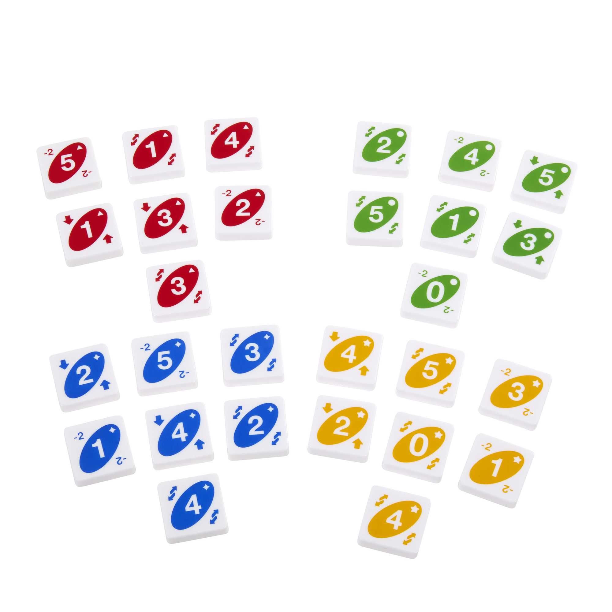 Carte Uno sparse su bianco. Le carte hanno numeri da 0 a 5 in rosso, verde, blu e giallo. Alcune hanno simboli -2.