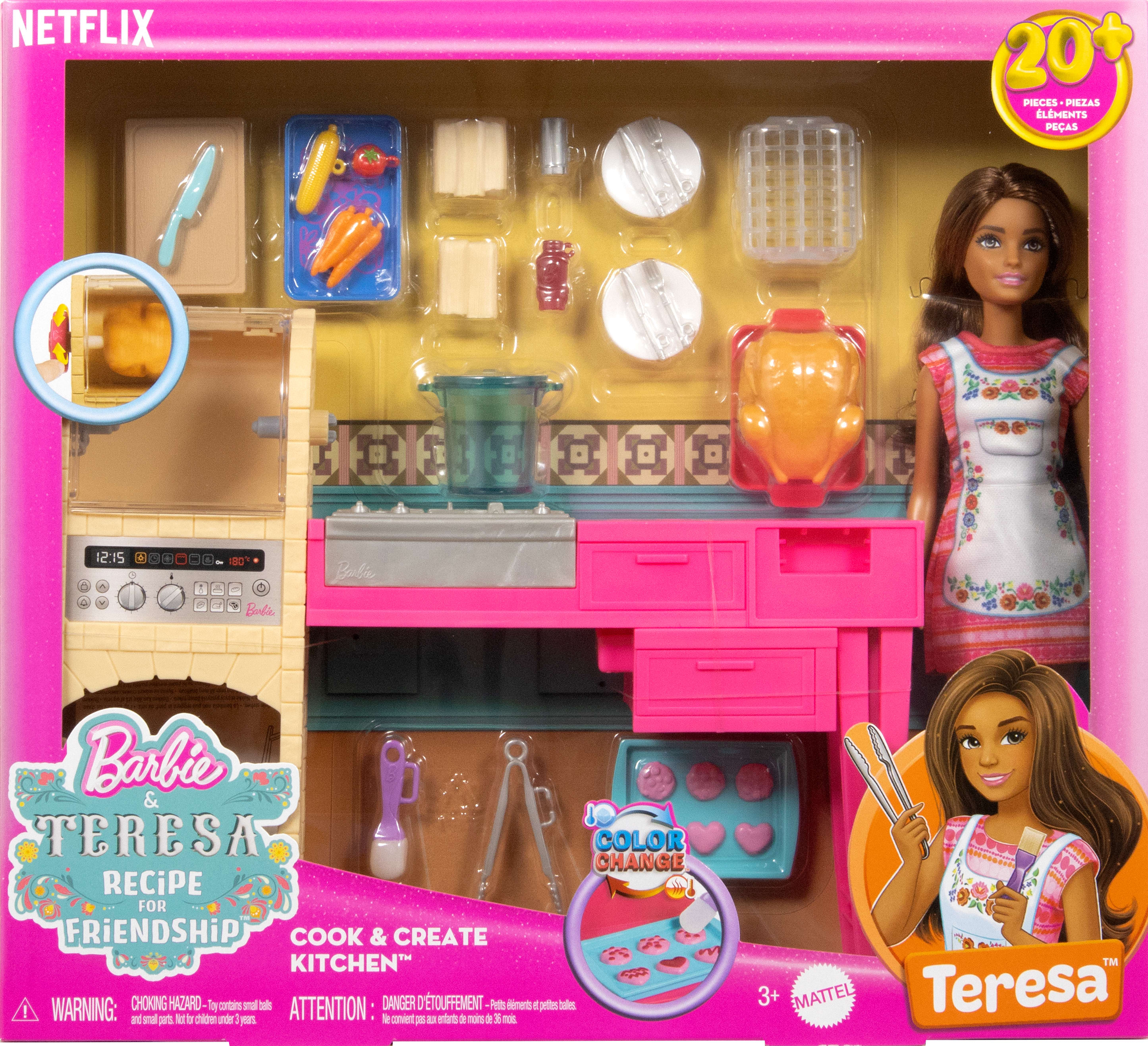 Barbie- und Teresa-Küchenset. Enthält einen Spielzeugofen, Kochutensilien, Lebensmittel und eine Barbie-Puppe.