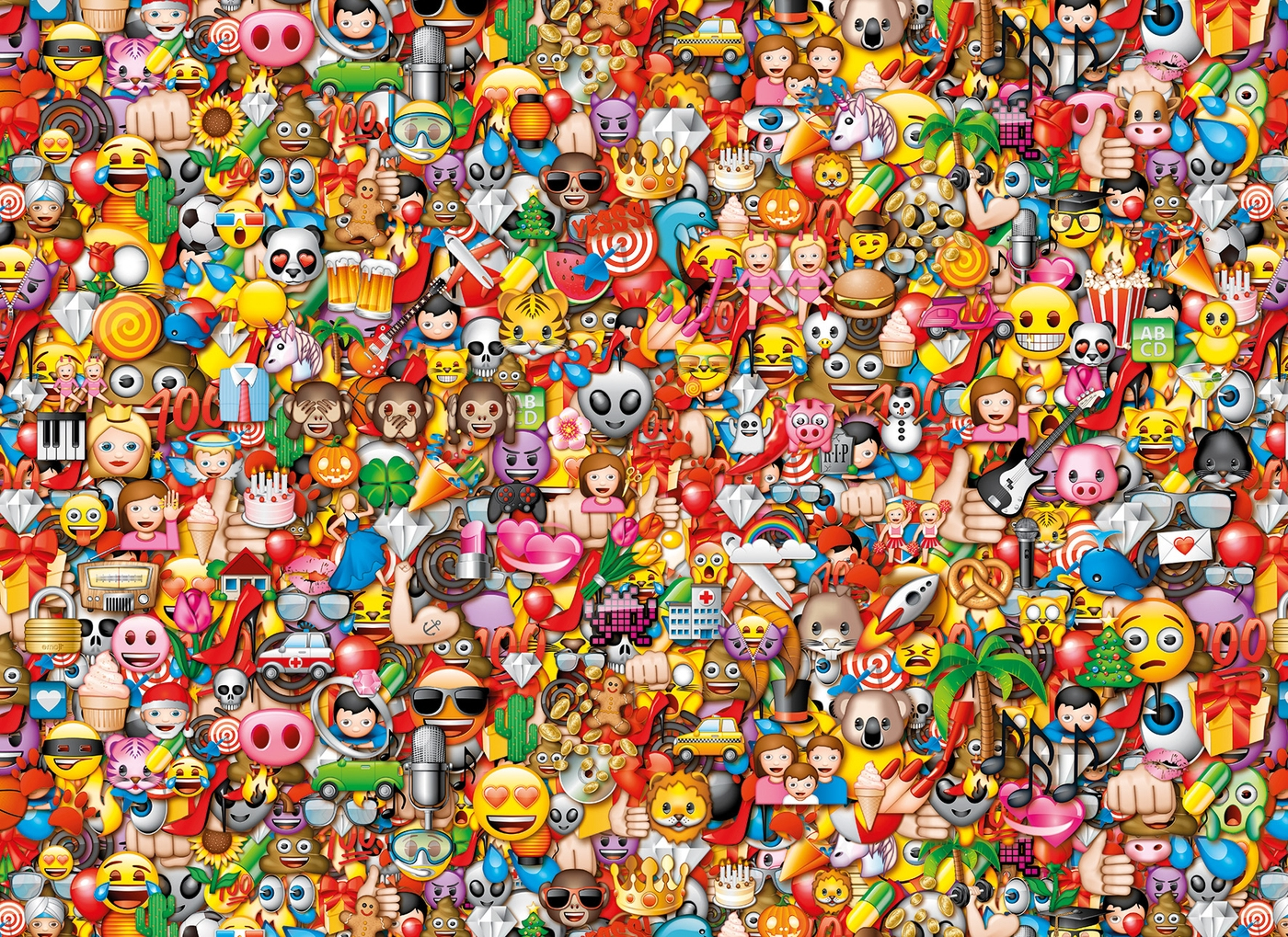 Eine farbenfrohe Collage von Emojis, darunter Gesichter, Objekte und Symbole, die eine lebendige und vielfältige visuelle Textur erzeugt.