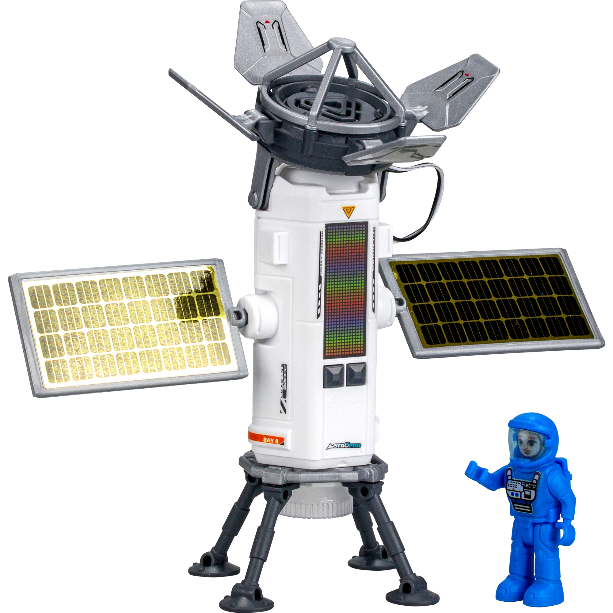 Zabawkowy astronauta w kolorze niebieskim obok białego modelu stacji kosmicznej z panelami słonecznymi i antenami.