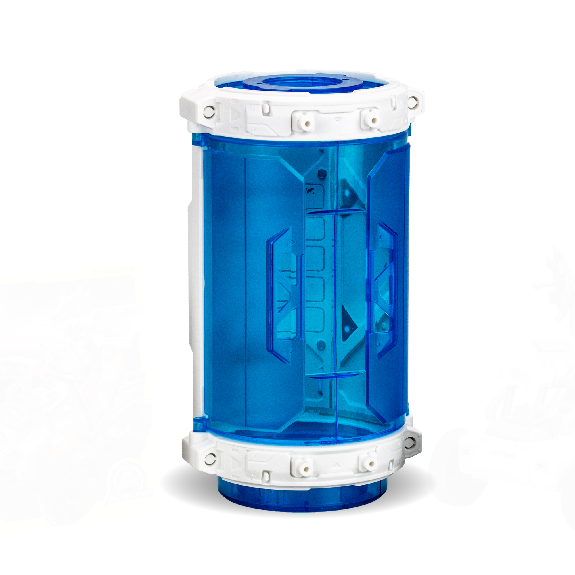 Cylindryczny pojemnik z niebieskimi przezroczystymi panelami i białymi wykończeniami, na białej powierzchni.