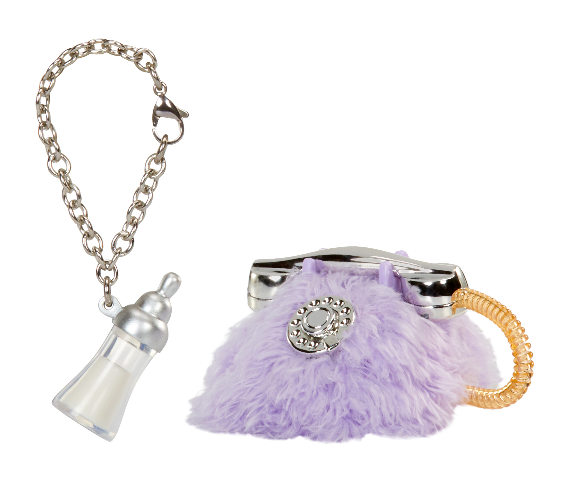 Urok z butelką dla dziecka i puszystym fioletowym telefonem na białym tle.