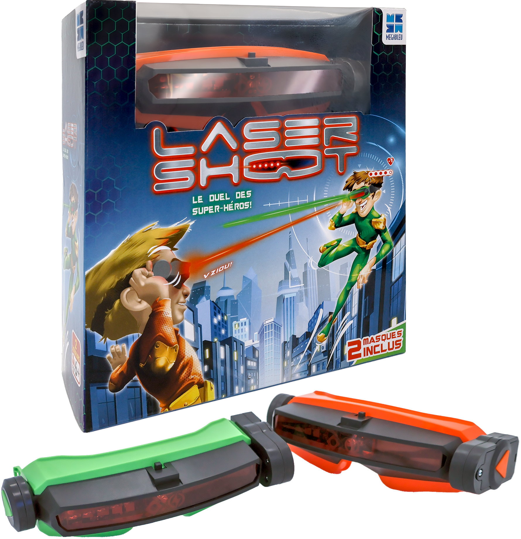 Zapakowana gra Laser Shot. Pokazuje grę i dwa zabawki pistolety w kolorze zielonym i pomarańczowym przed pudełkiem.