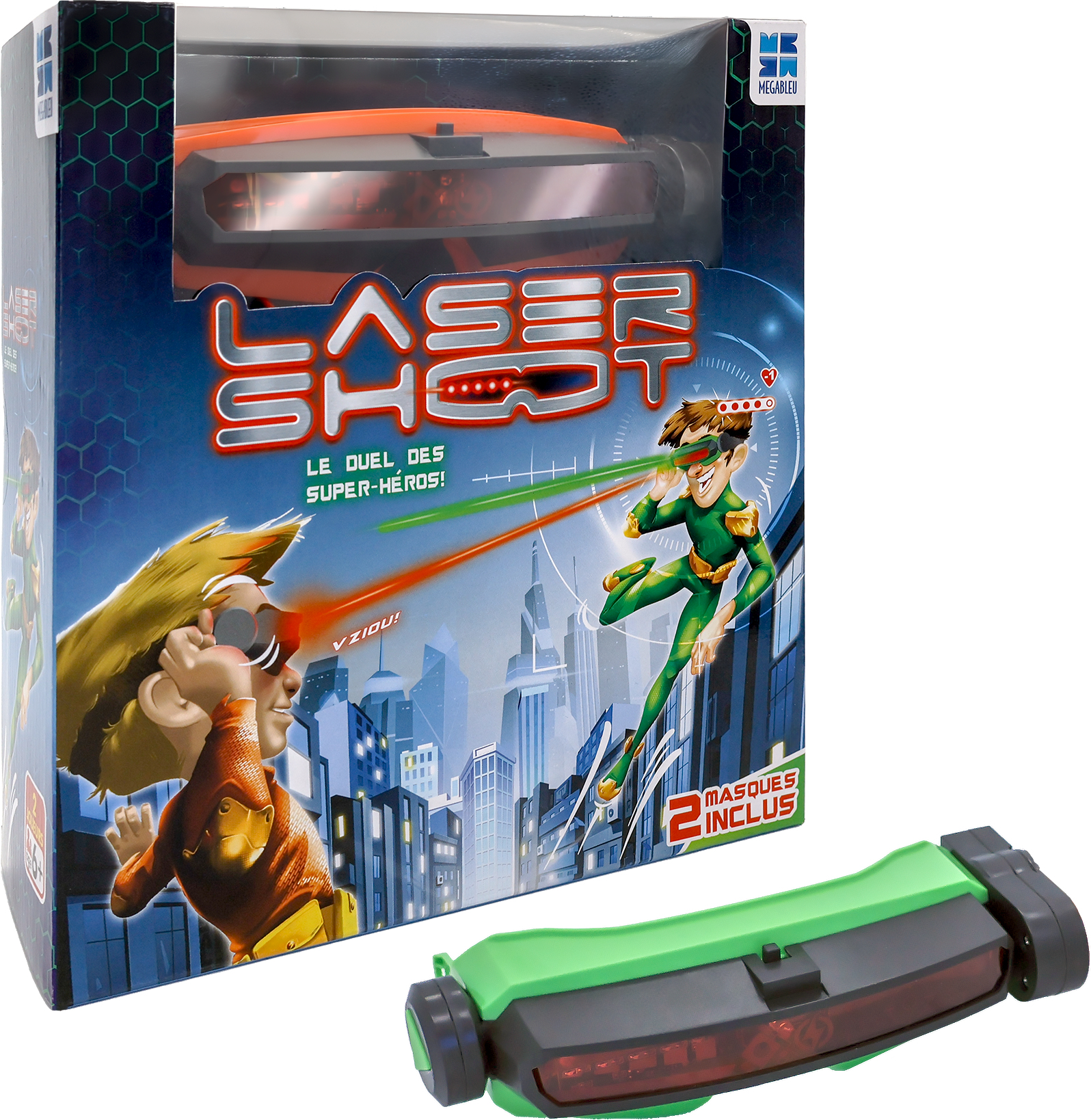 Zapakowana gra Laser Shot. Zawiera kreskówkowych superbohaterów, pistolety laserowe i miejskie tło. Zawiera dwie maski.