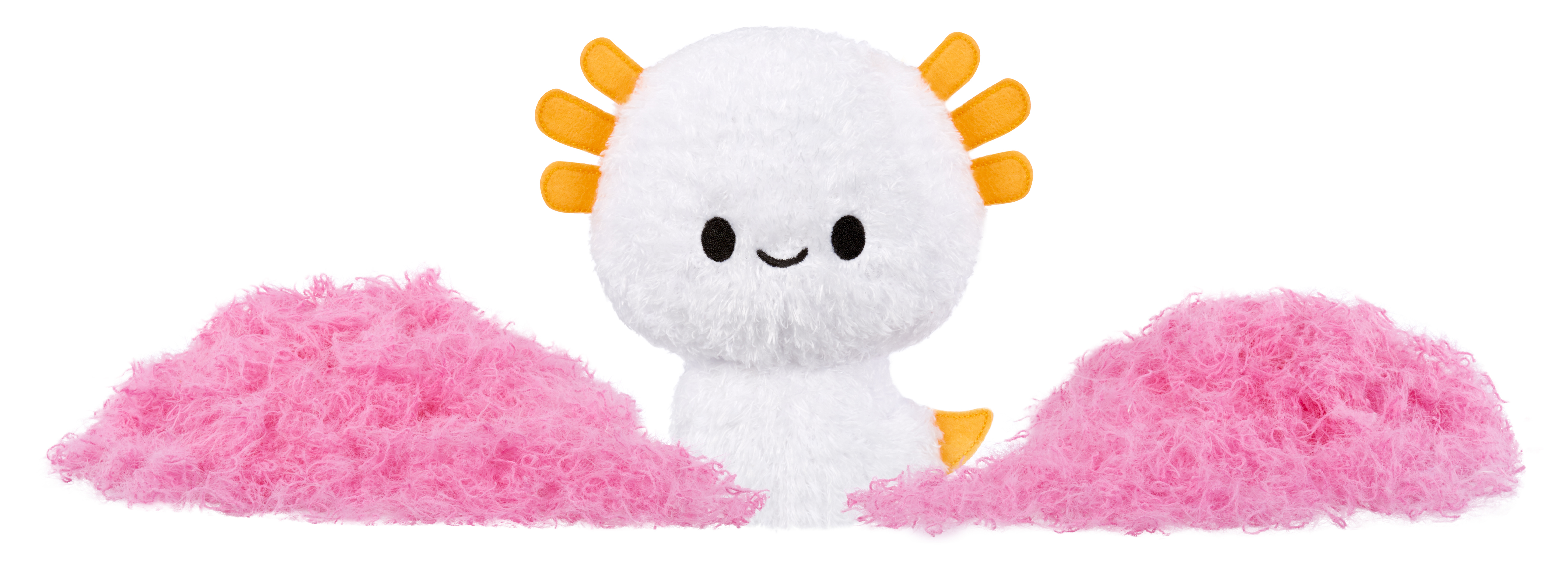 Biała pluszowa zabawka axolotl z pomarańczowymi skrzelami i różowym puchem po bokach.
