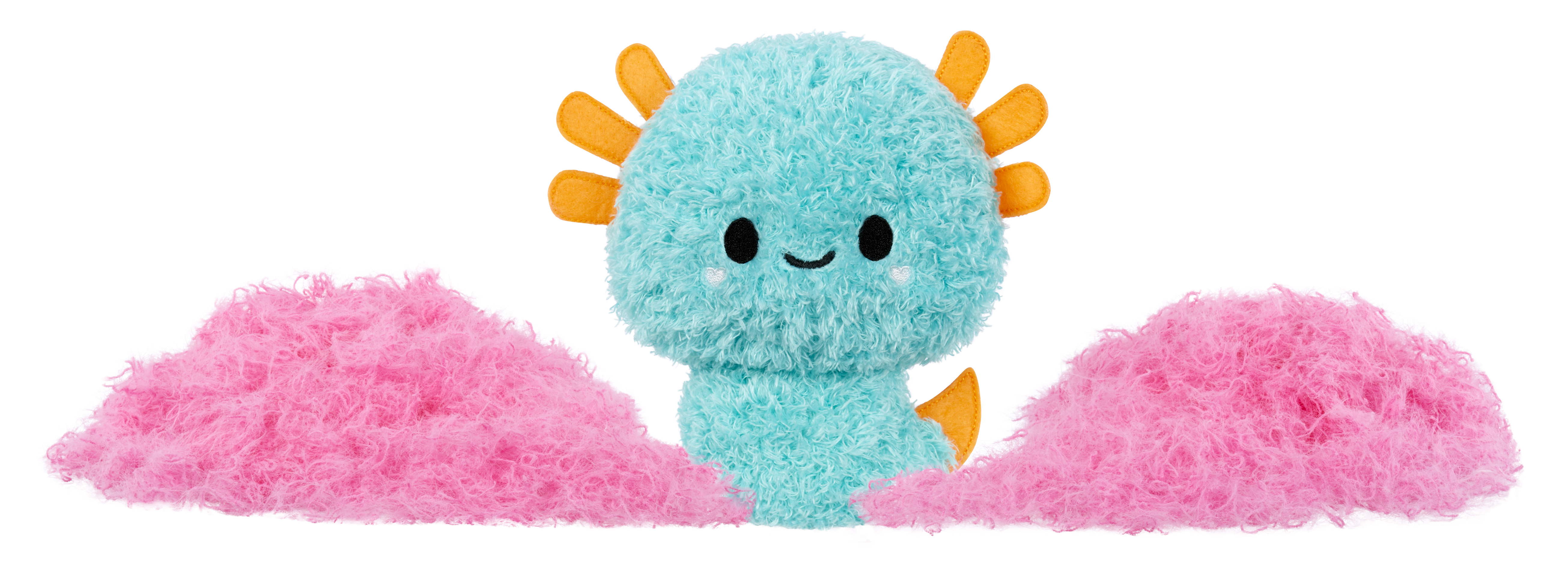 Pluszowy turkusowy aksolotl z pomarańczowymi skrzelami i różowymi, puszystymi akcentami. Ma czarne oczy i uśmiechniętą twarz.