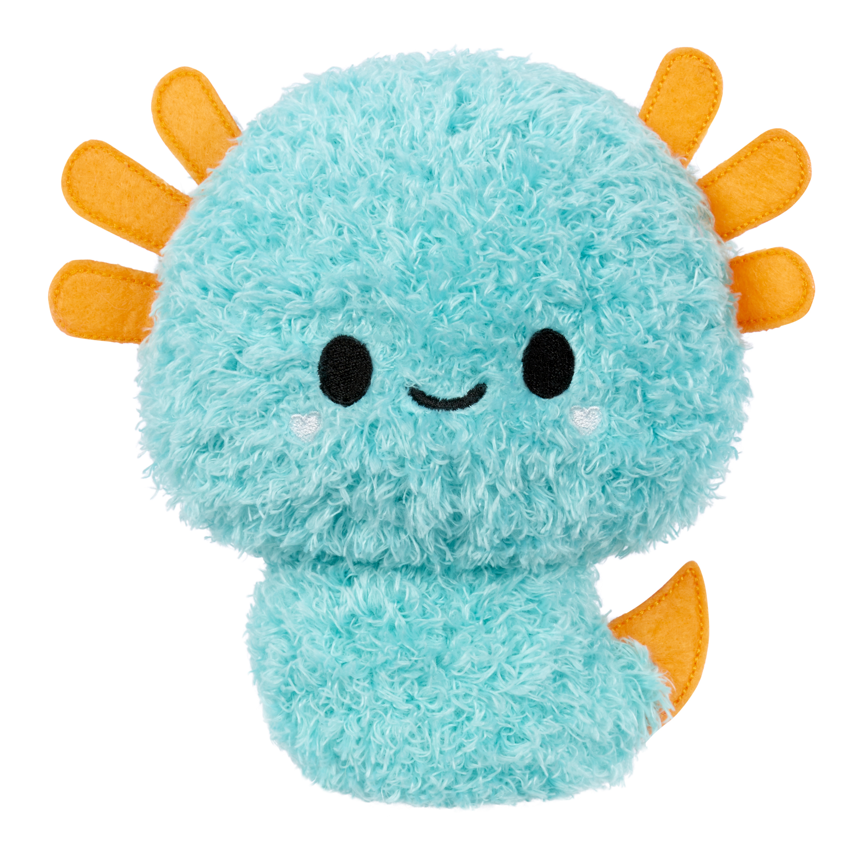 Pluszowa zabawka axolotl. Jest jasnoniebieski z pomarańczowymi skrzelami i małym uśmiechem. Ma czarne oczy i białe tło.
