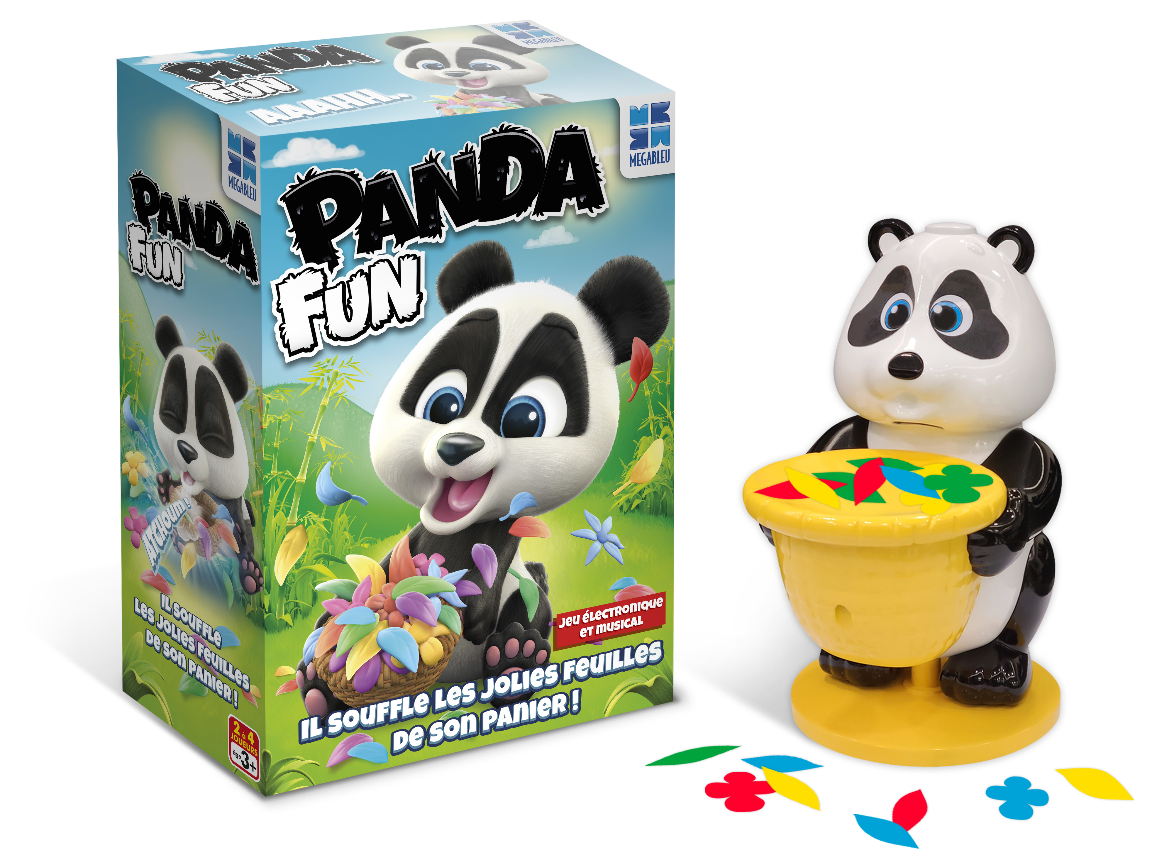 Un giocattolo a forma di panda e una scatola. Il panda tiene in mano un oggetto giallo a forma di tamburo. Foglie colorate sparse.