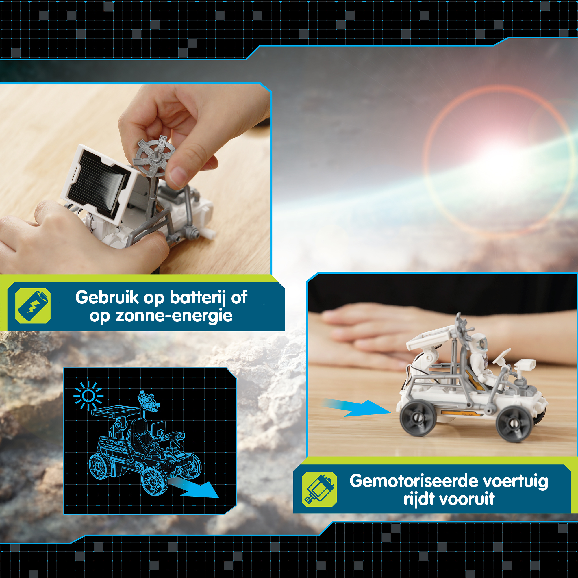 Osoba montuje biały pojazd-zabawkę z panelami słonecznymi. Tło przedstawia planetę i słońce.