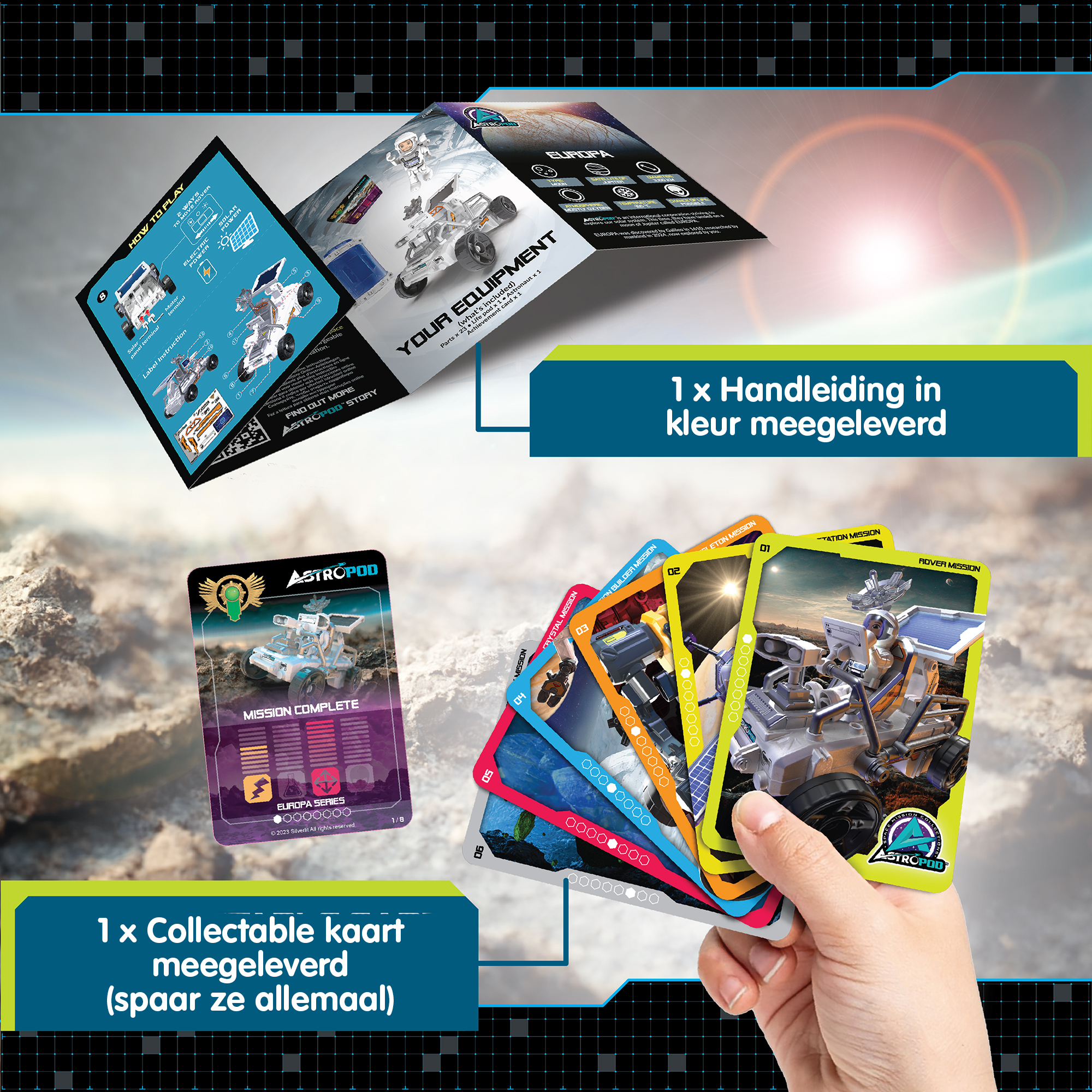 Karty i instrukcje do zabawki, z ręką trzymającą kolorowe karty. Tło to niebiesko-czarna siatka.