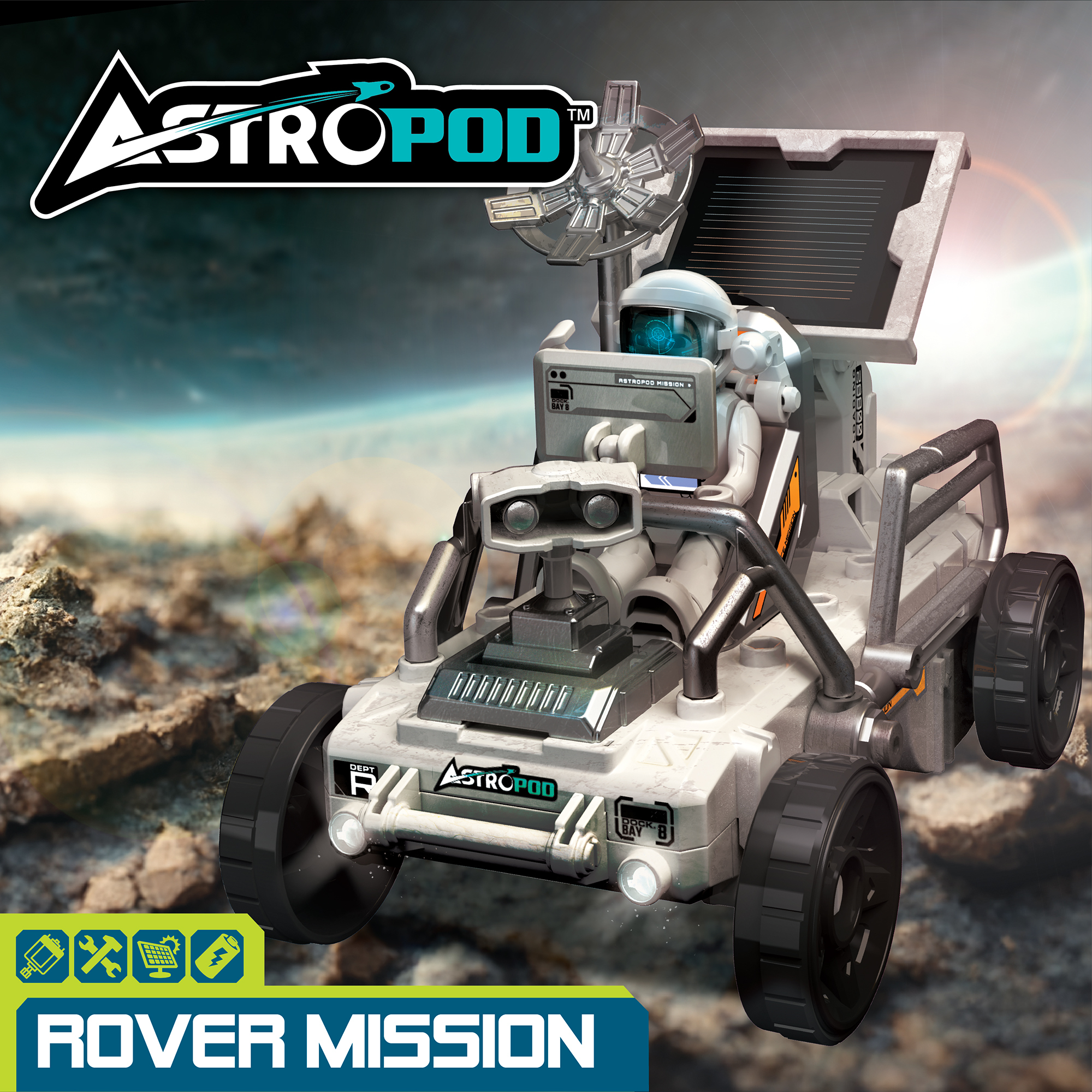 Zabawkowy łazik z marką AstroPod, robotem-astronautą, czarnymi kołami i panelem słonecznym. Tło przedstawia skalistą powierzchnię i kosmos.