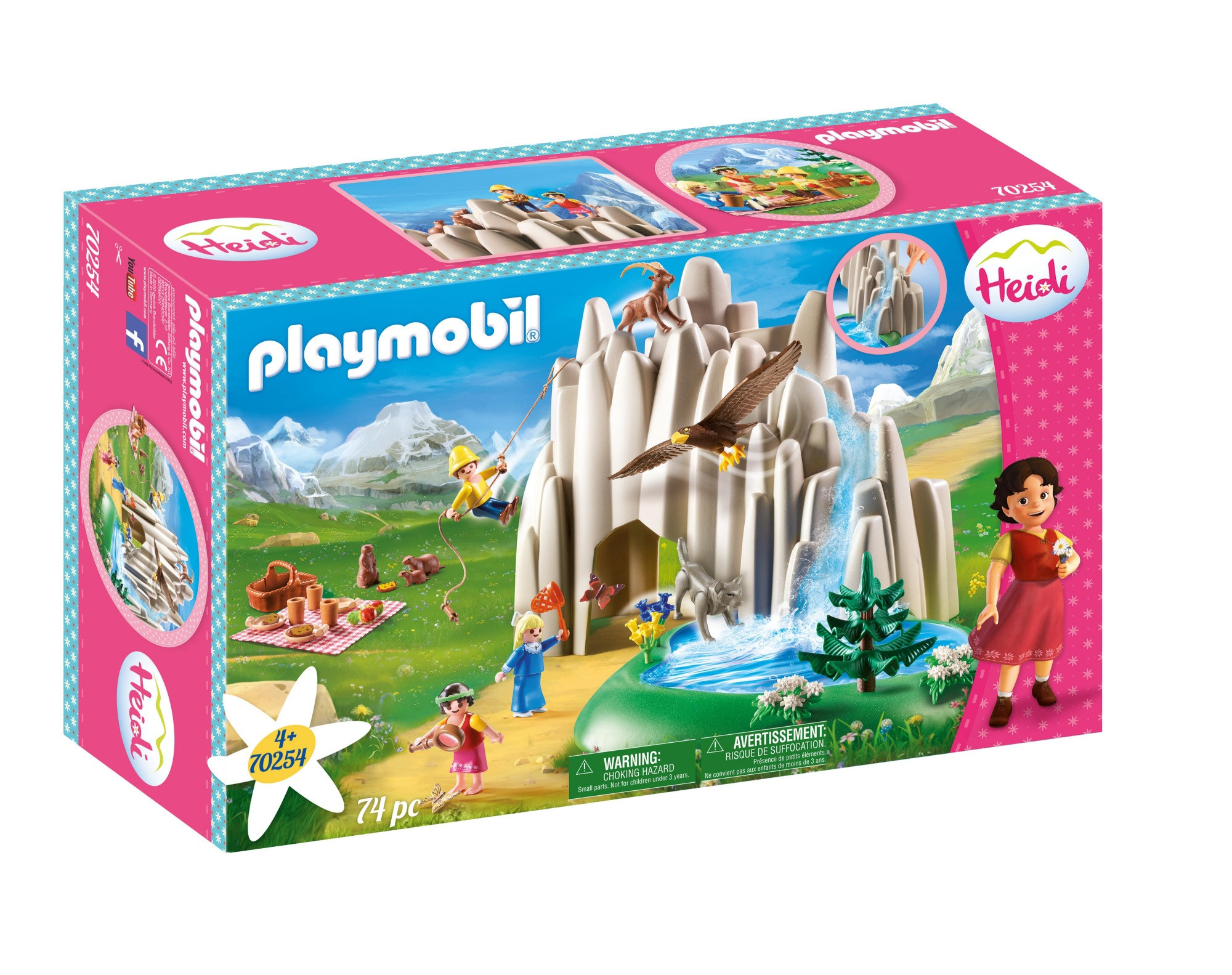 Pudełko zestawu Playmobil Heidi. Zawiera Heidi, góry, orła, wodospad, figurki i scenę piknikową na zielonym wzgórzu.