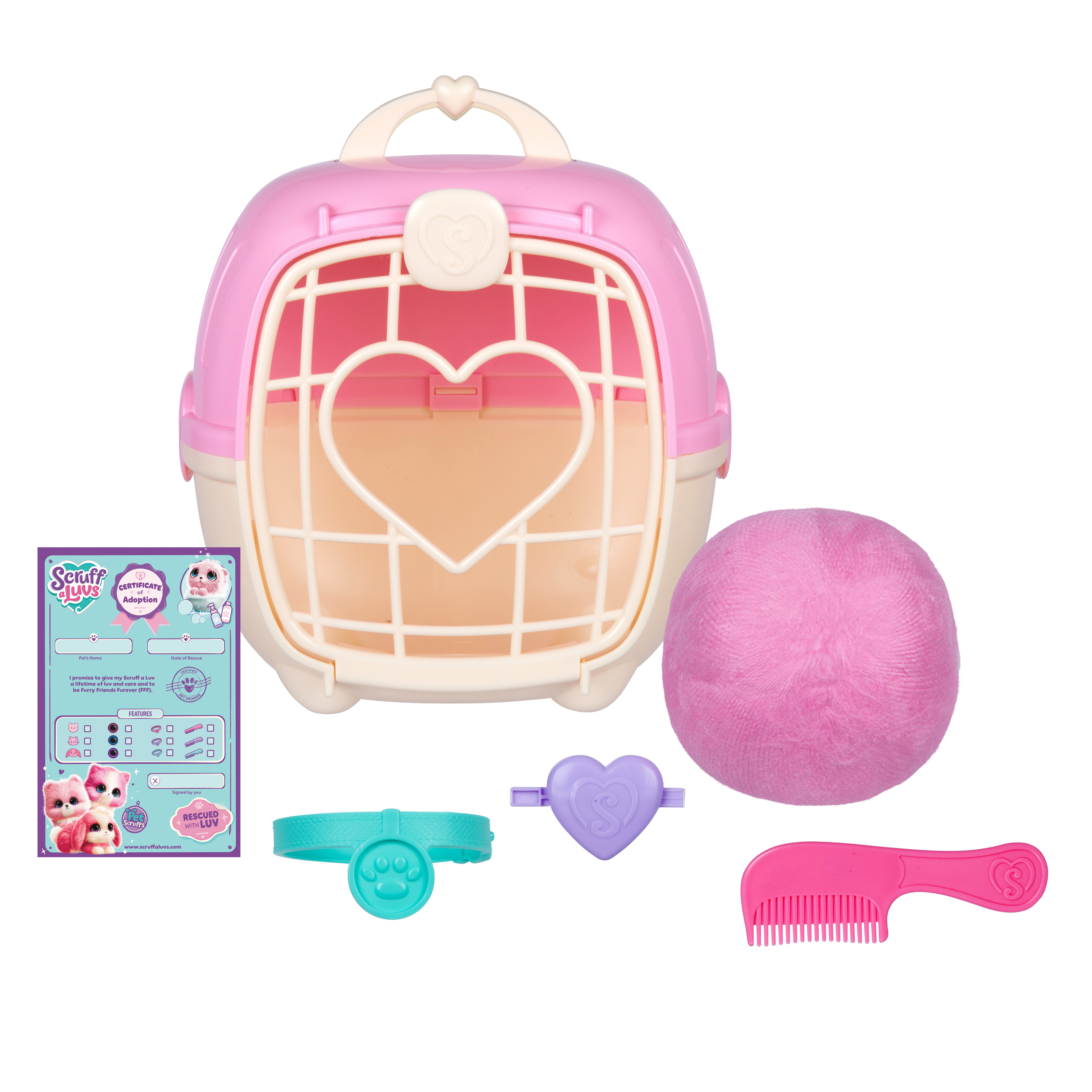 Un trasportino rosa con accessori: una palla rosa, un pettine, un collare, un ciondolo a cuore e un certificato.