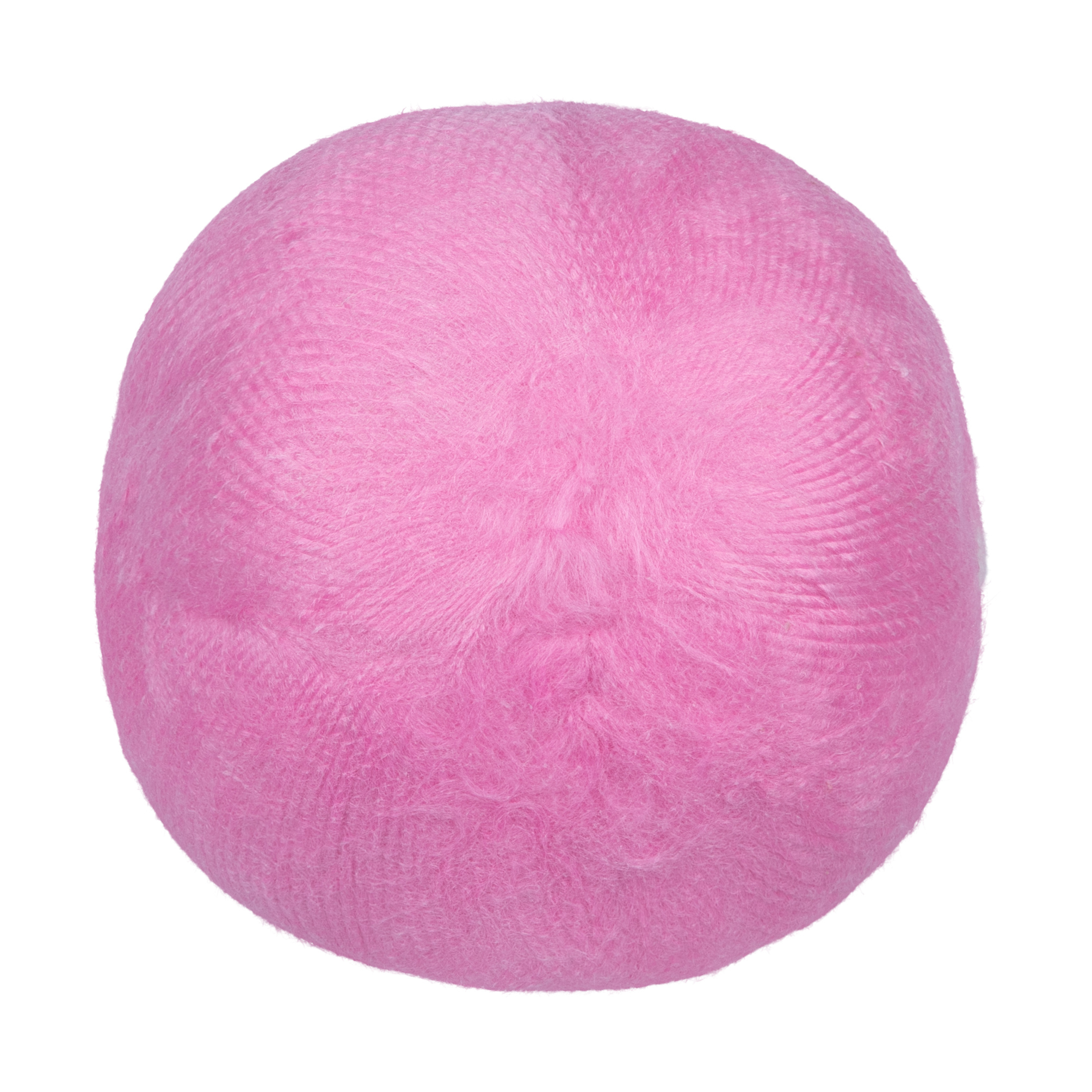 Primo piano di un oggetto rosa, soffice e perfettamente rotondo su sfondo bianco.