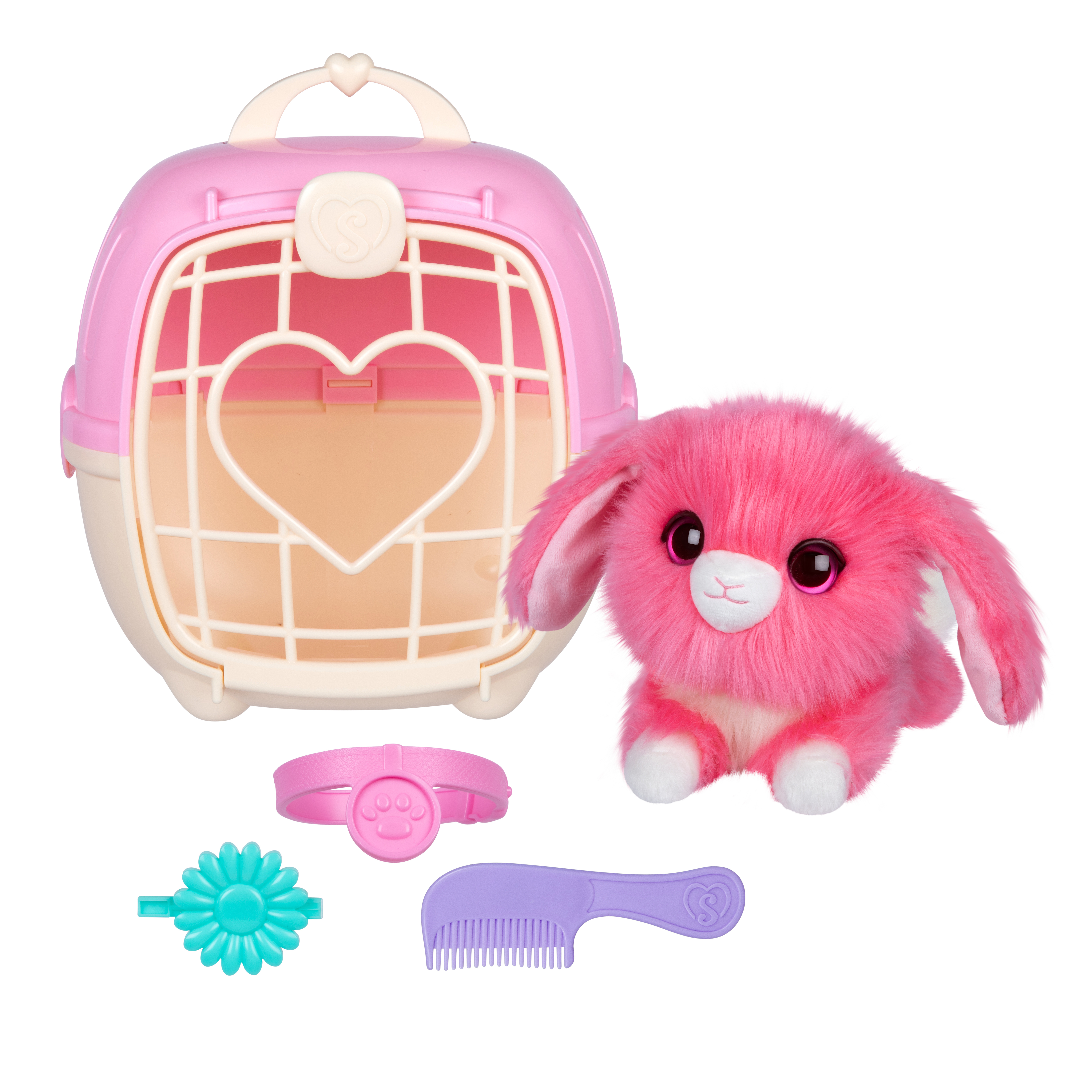 Un giocattolo a forma di coniglietto rosa e soffice con accessori, tra cui una gabbietta, un pettine, un collare e un fermaglio.