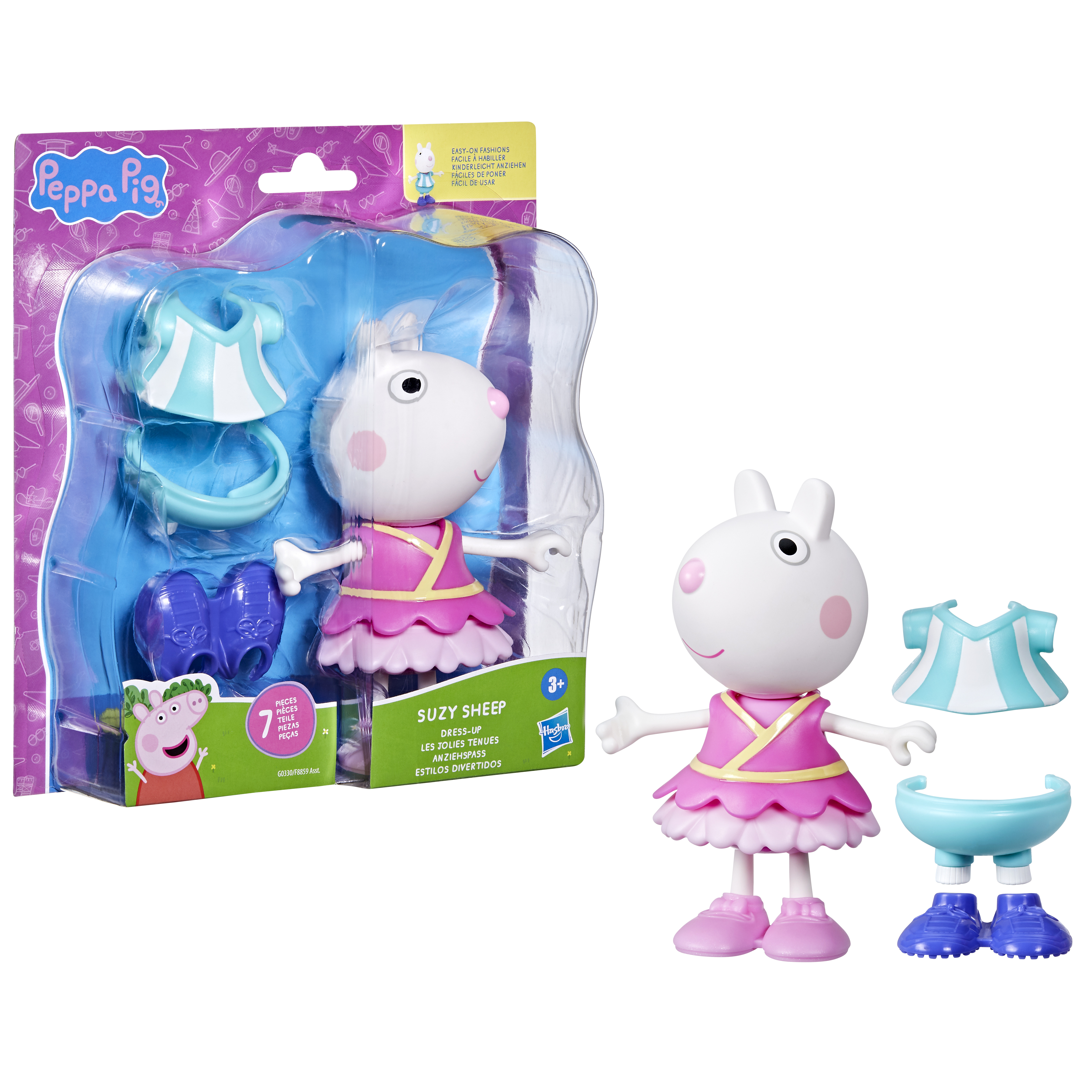 Juguete de Suzy Sheep con ropa extra, en un paquete. El juguete es blanco, rosa y morado. Es un juguete de Peppa Pig.