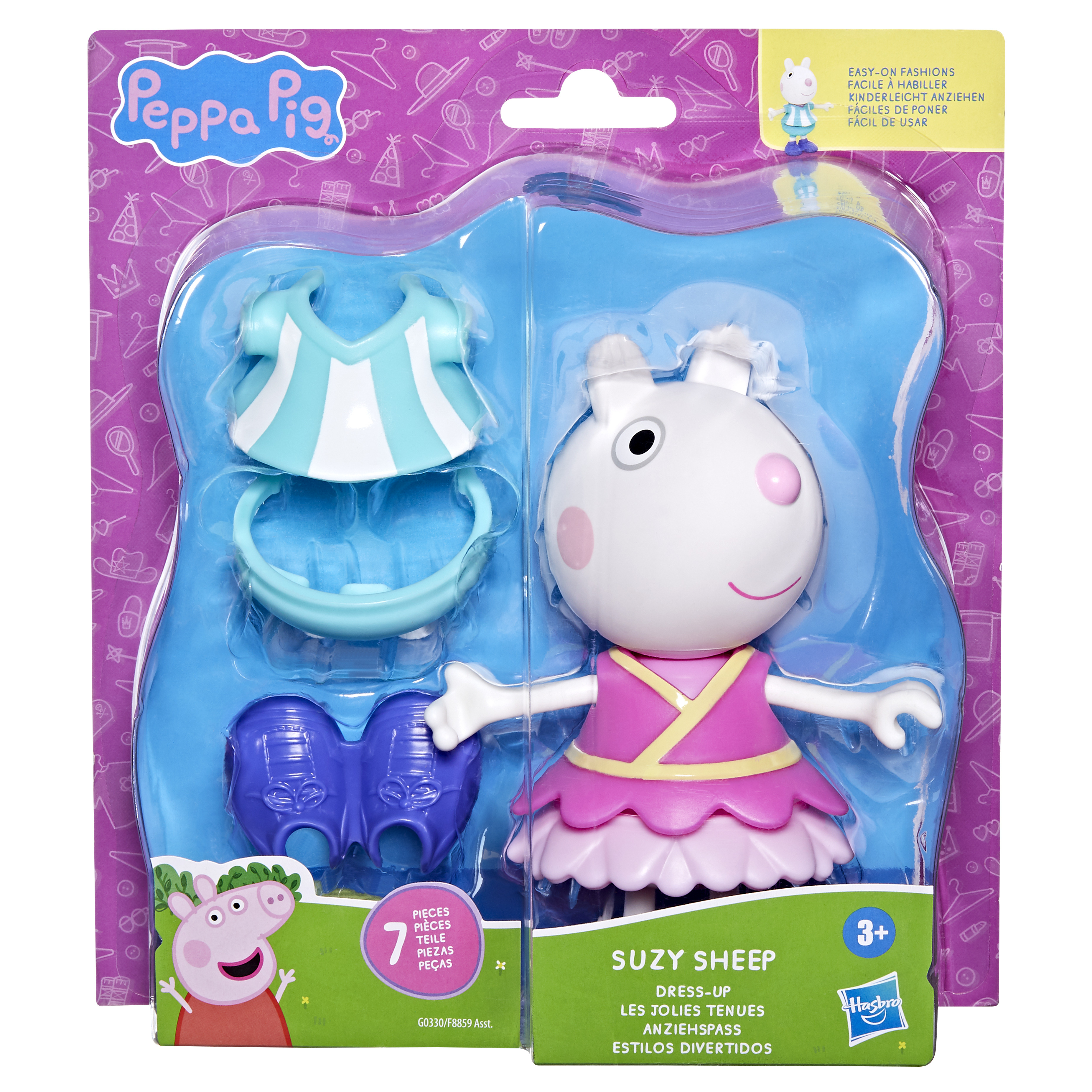 Muñeca Suzy Sheep en paquete con ropa para vestir. Incluye un vestido rosa, un top azul y botas moradas.