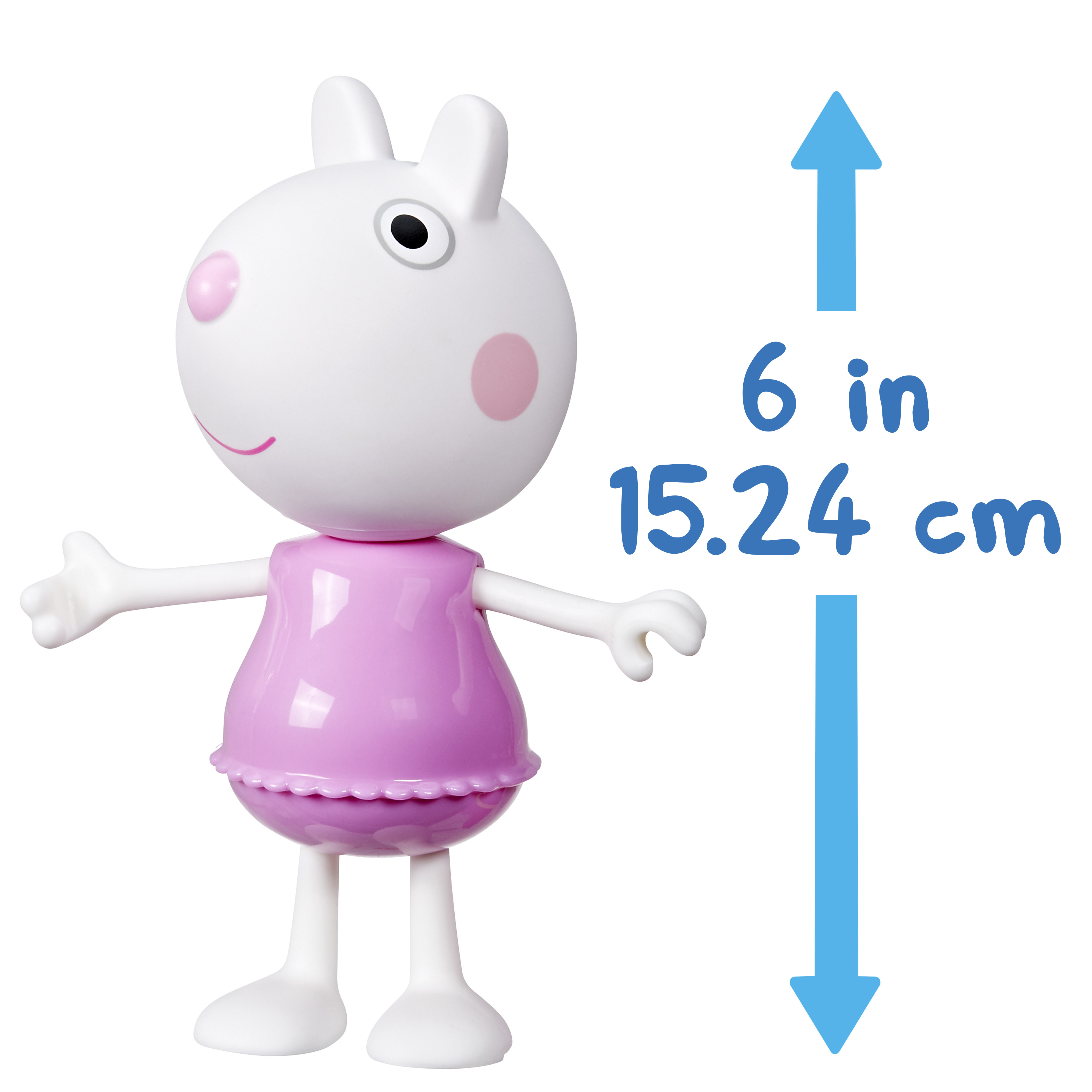 Un conejo de juguete blanco con un vestido rosa, mejillas rosas y un ojo negro, junto a una flecha azul que indica 6 pulgadas/15,24 cm.
