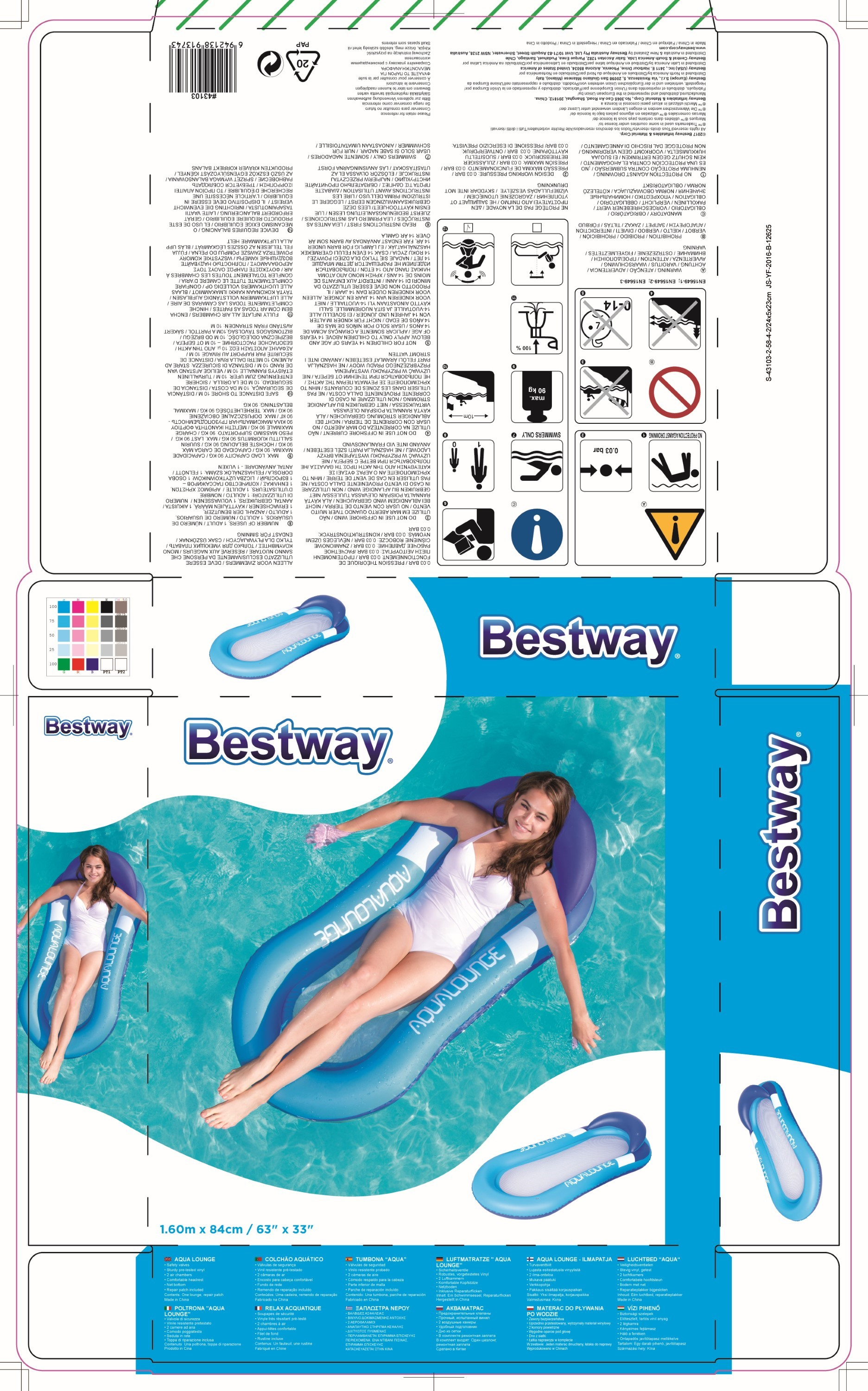 Vrouw op blauwe opblaasboot in water, witte badkleding. Bestway- en Aqua Lounge-logo's zichtbaar.