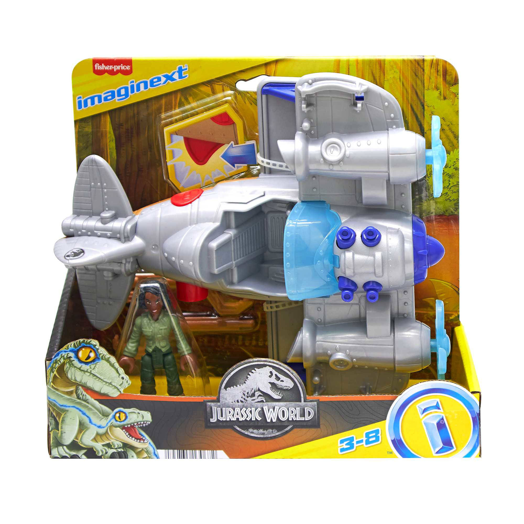 Zestaw zabawek Imaginext Jurassic World. Zawiera srebrny samolot, figurkę i obraz dinozaura na opakowaniu.