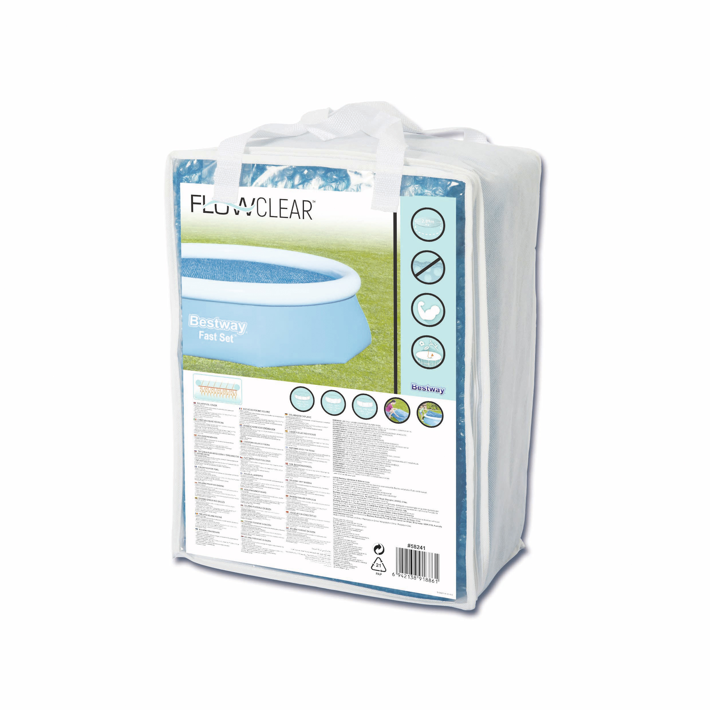Kit de piscina Bestway empaquetado. El paquete es blanco con una imagen de una piscina azul sobre césped.