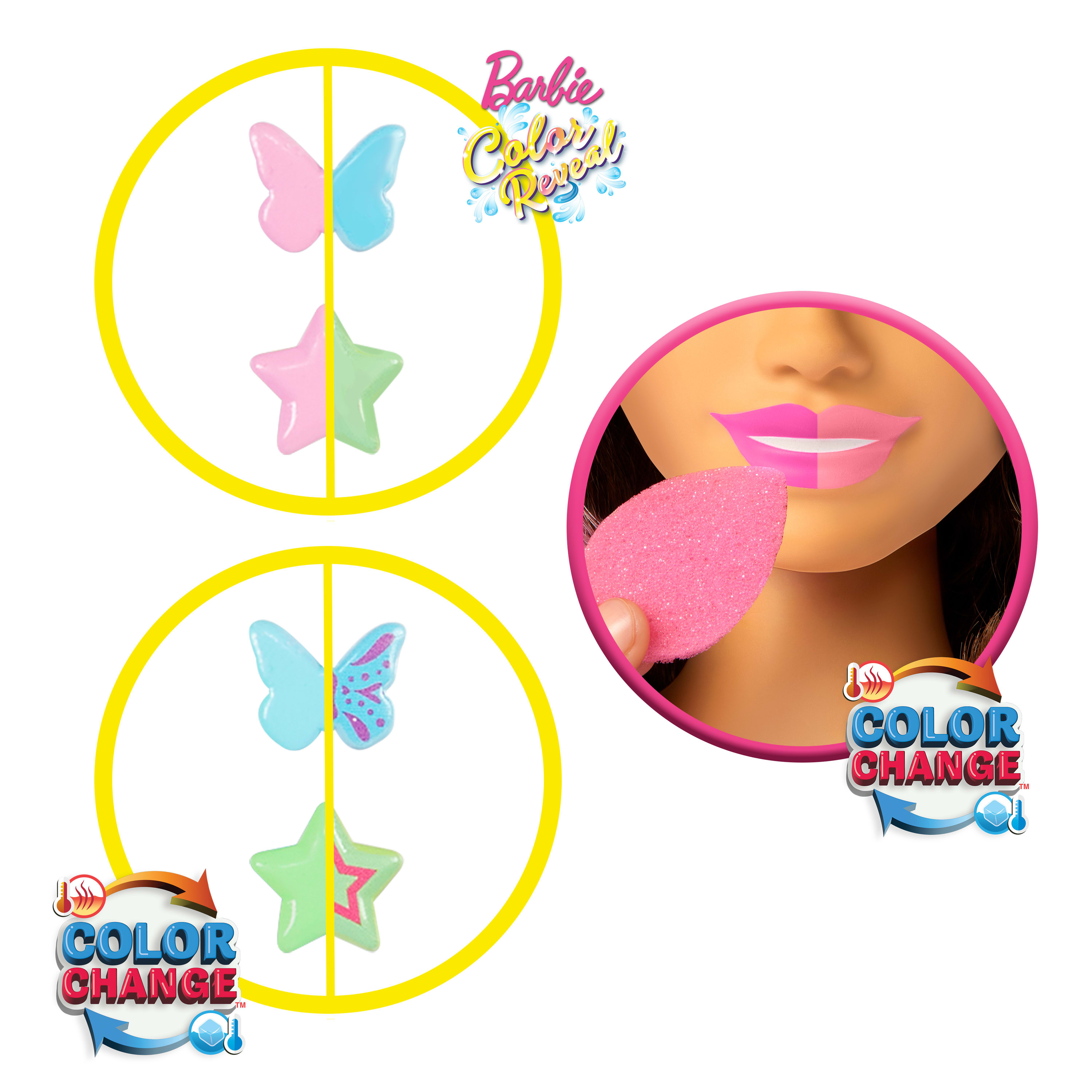 Obraz przedstawia koncepcję Barbie Color Reveal ze zmieniającymi kolor motylami i gwiazdkami oraz ustami. Używana jest gąbka.