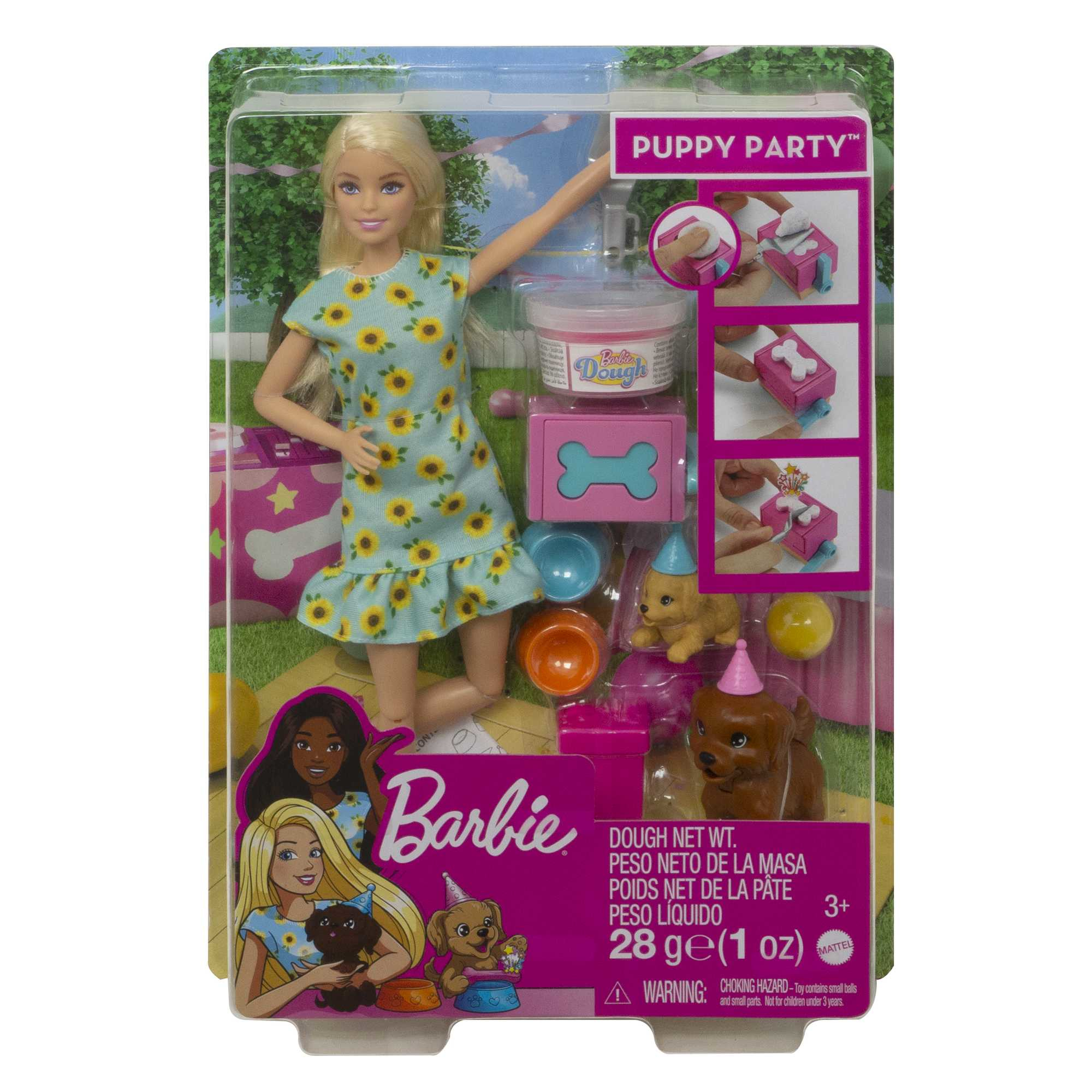 Zestaw Barbie Puppy Party. Blond włosy Barbie, figurki szczeniaków, różowa ciasto i akcesoria widoczne.
