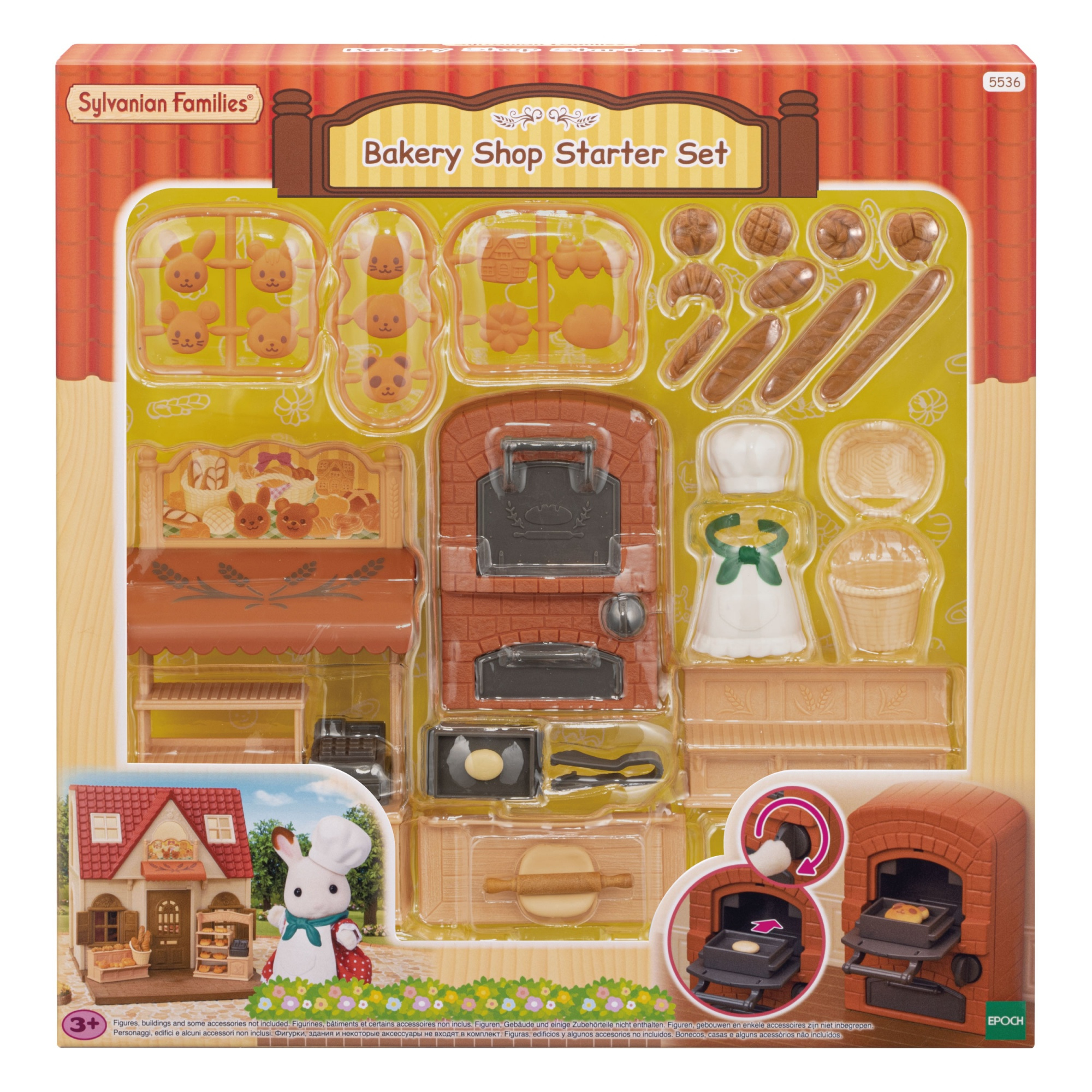 Un juego de iniciación de panadería Sylvanian Families. Incluye un horno de juguete, productos horneados, una figura de conejo y una fachada de tienda.