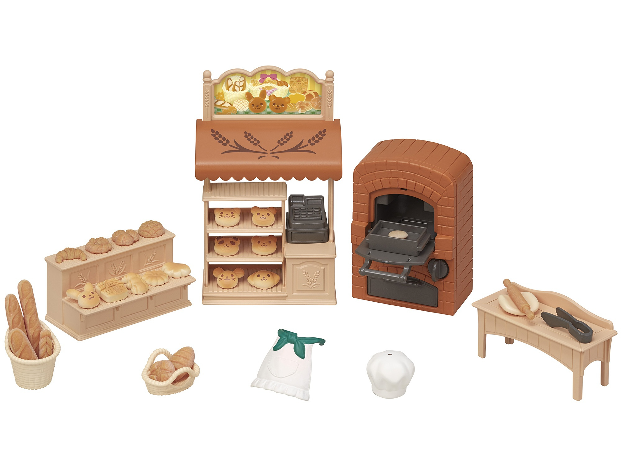 Un juego de panadería de juguete con pan, horno, soporte y accesorios. Incluye una tienda, horno, cestas y gorro de chef.