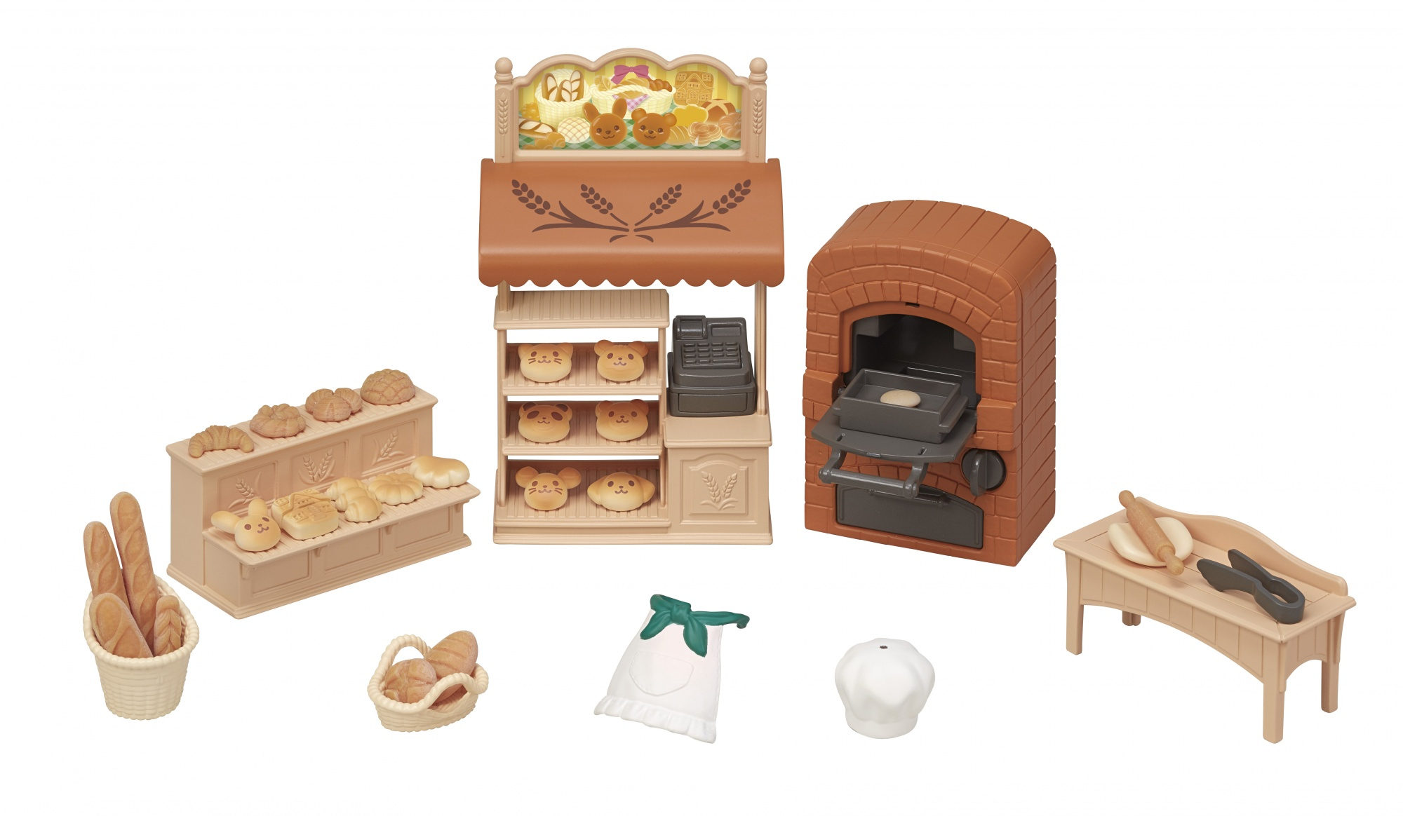 Un juego de panadería de juguete con pan, un horno, exhibidores de tiendas, un gorro de chef y un delantal. El juego incluye una variedad de pan.