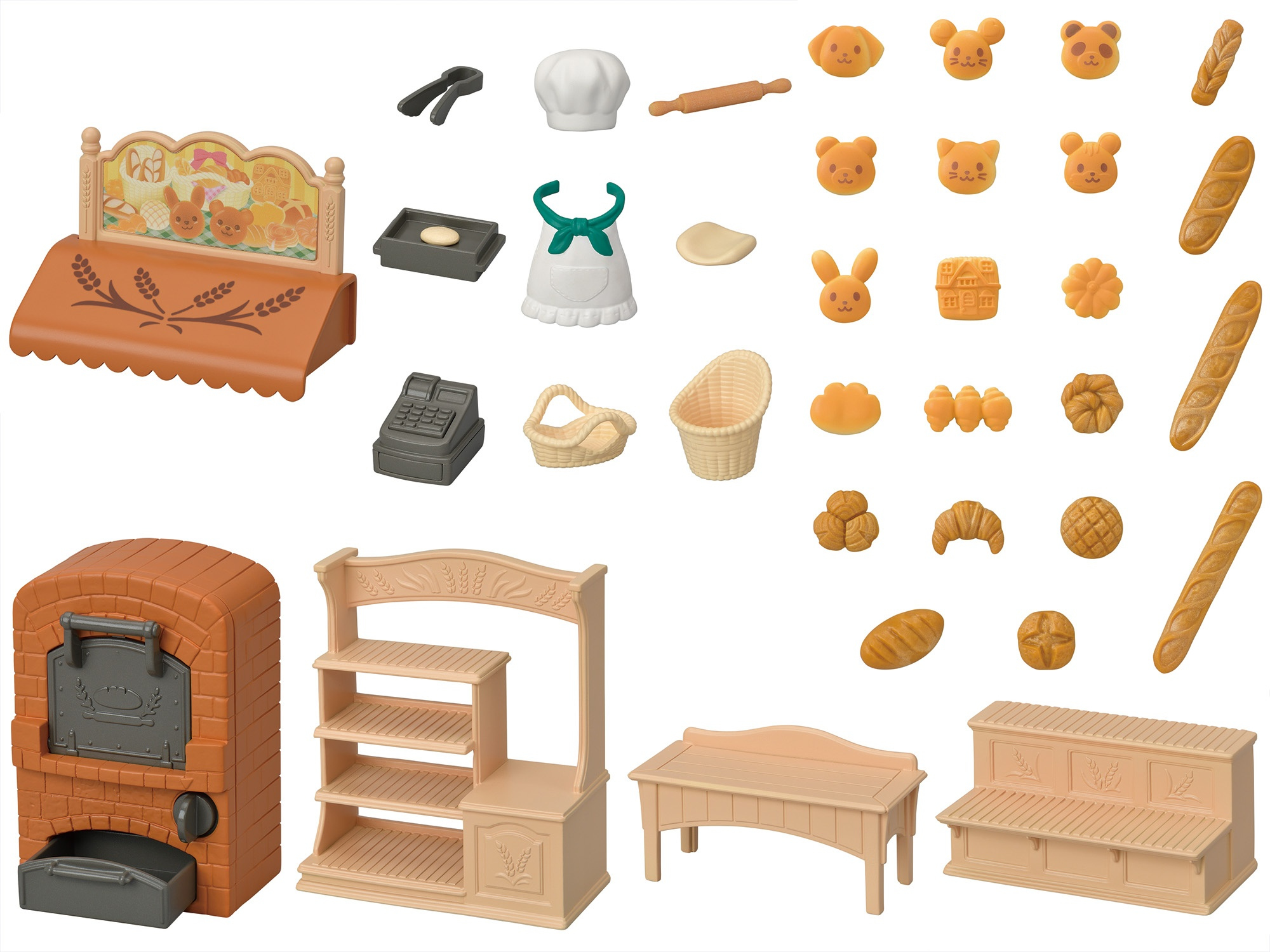 Un juego de panadería de juguete con varios panes, horno, estantes y un mostrador. Incluye gorro de chef, delantal y pan con forma de oso.
