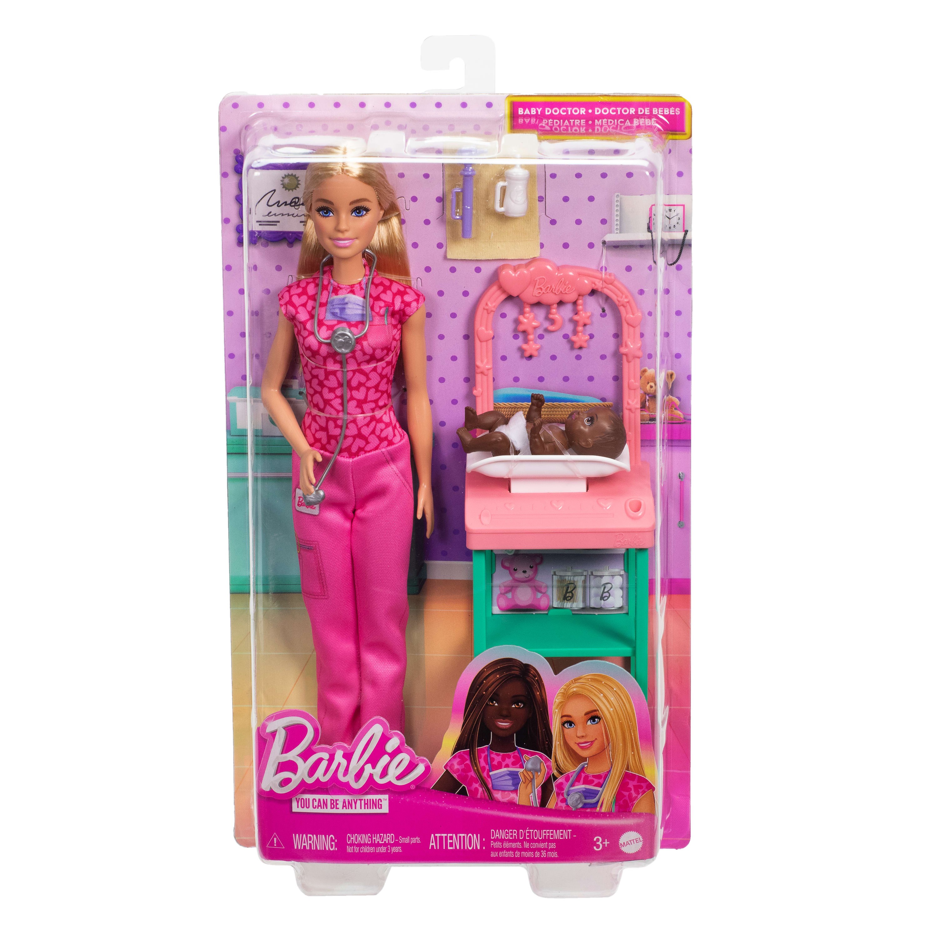 Lalka Barbie jako lekarz dla dzieci z dzieckiem w kołysce, akcesoriami i różowo-fioletowym tłem.