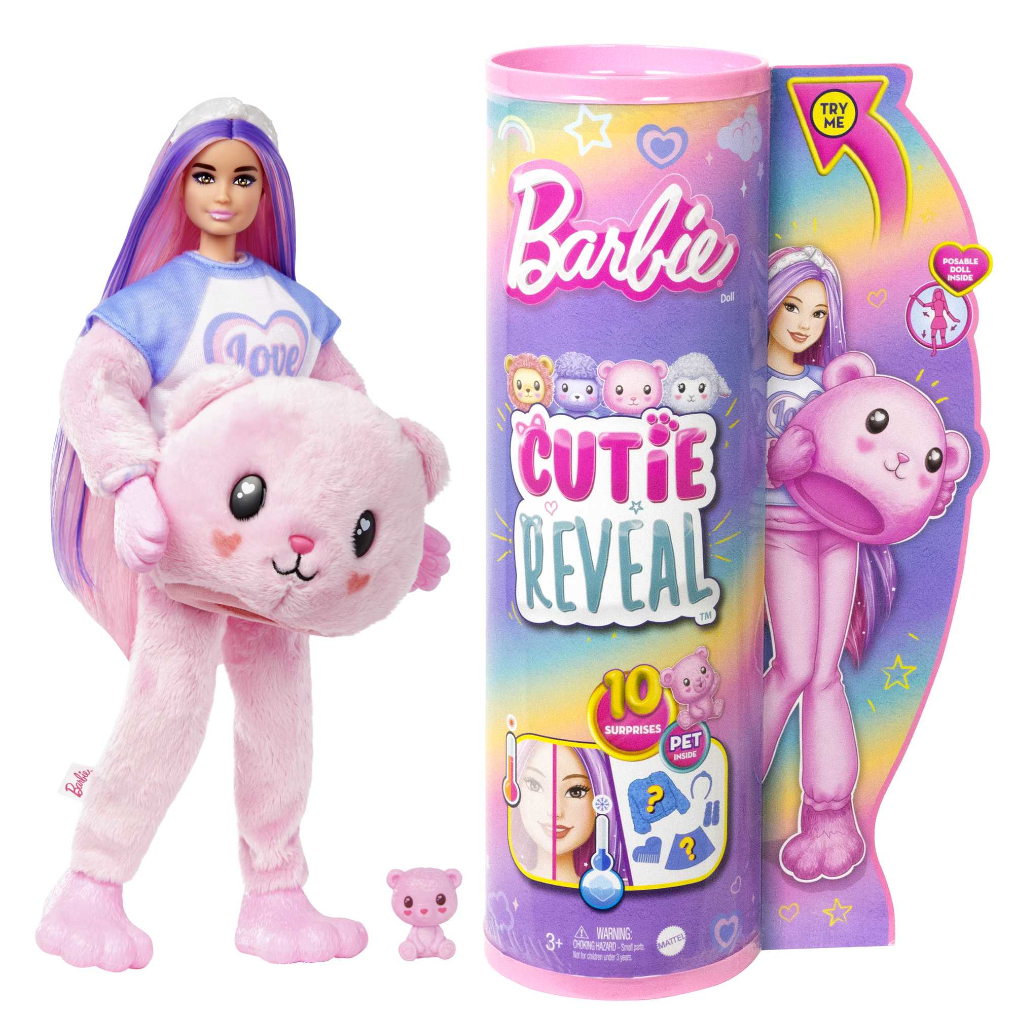 Barbie-Puppe im rosa Bärenkostüm, Cutie Reveal-Verpackung mit Barbie-Puppe, kleinem Bärenspielzeug und '10 Überraschungen'.