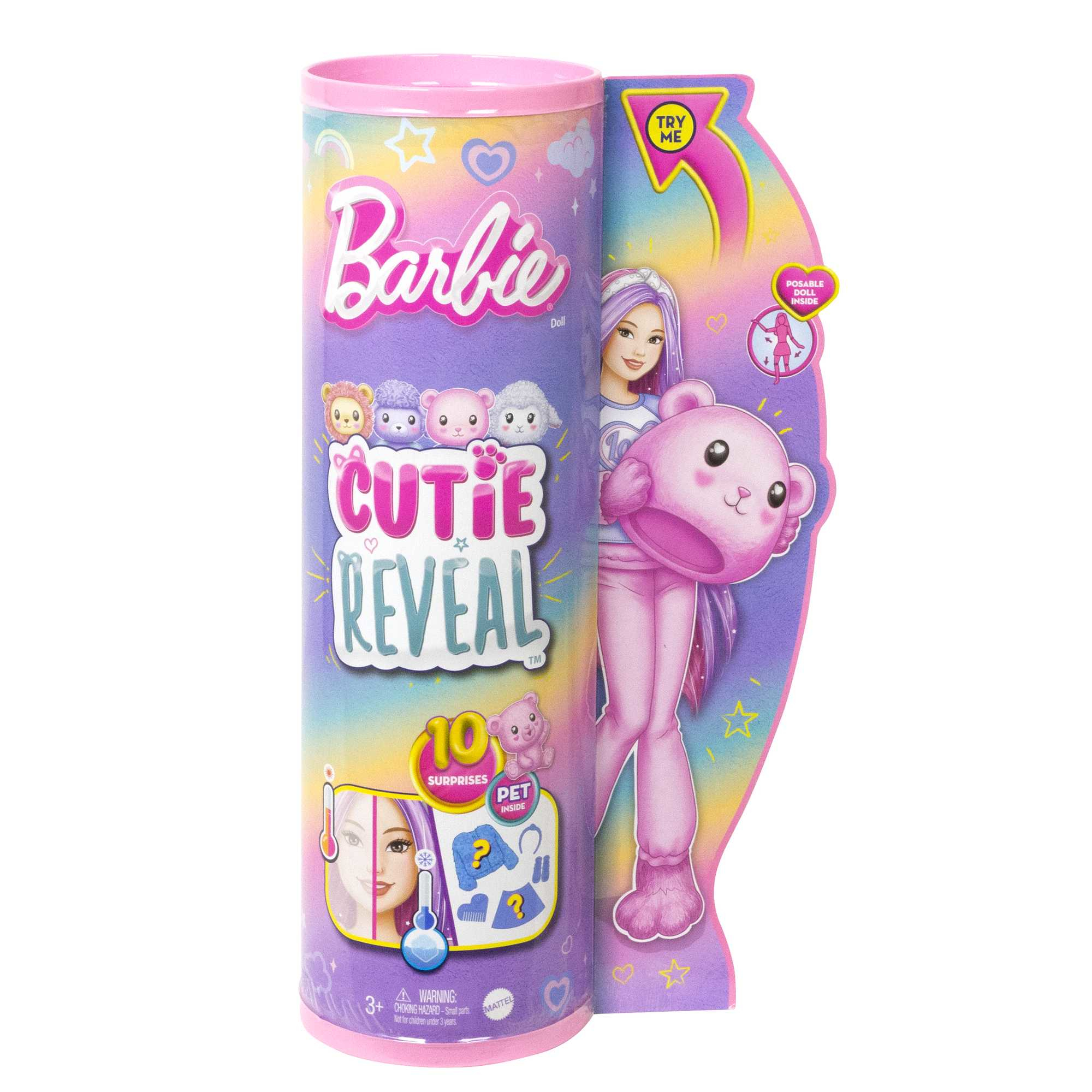 Barbie Cutie Reveal Puppenverpackung. Rosa Tube mit einer puppenförmigen Puppe und Zubehör. Enthält Text und Grafiken.