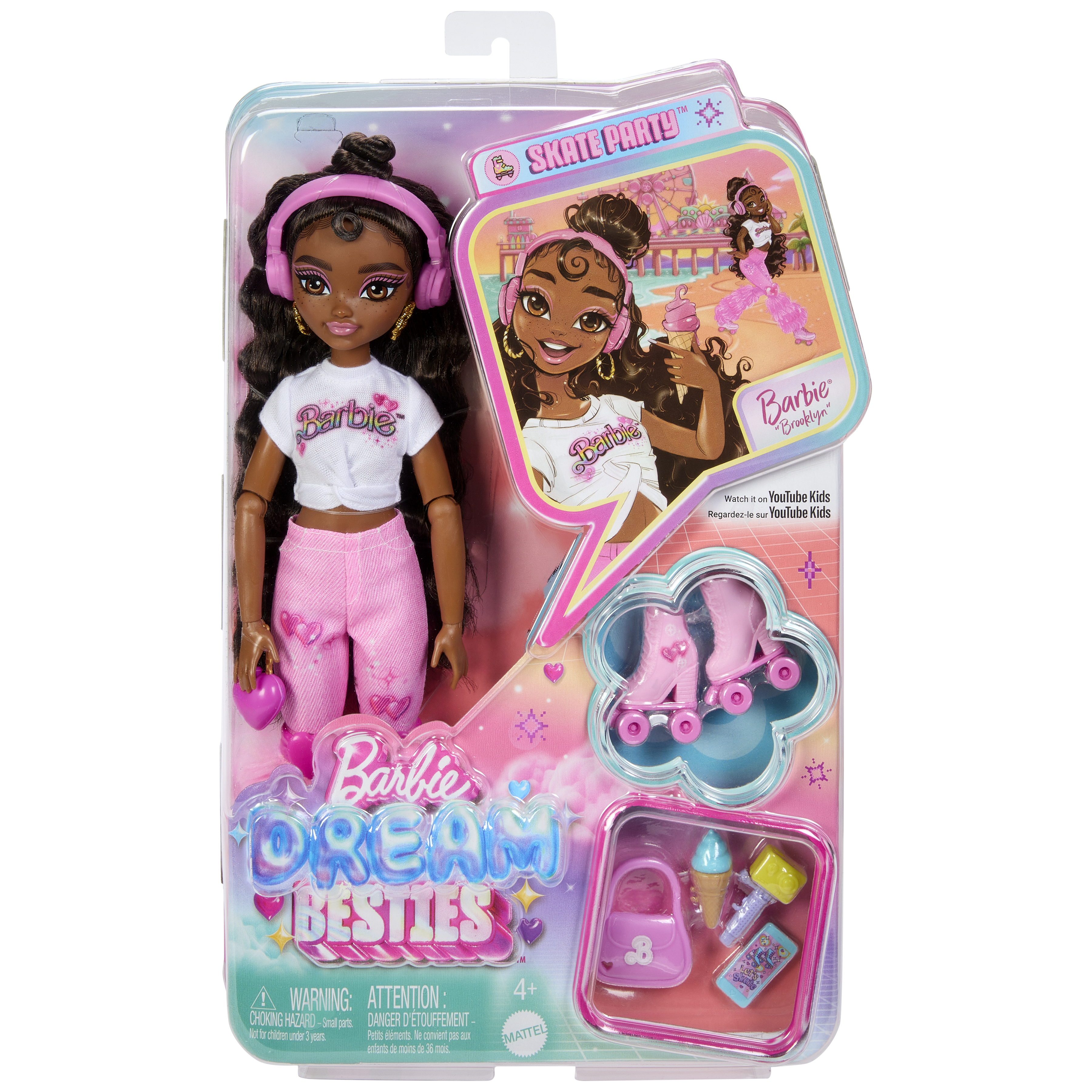 Muñeca Barbie con atuendo rosa, auriculares, en una caja con tema de Fiesta de Patinaje, con accesorios.