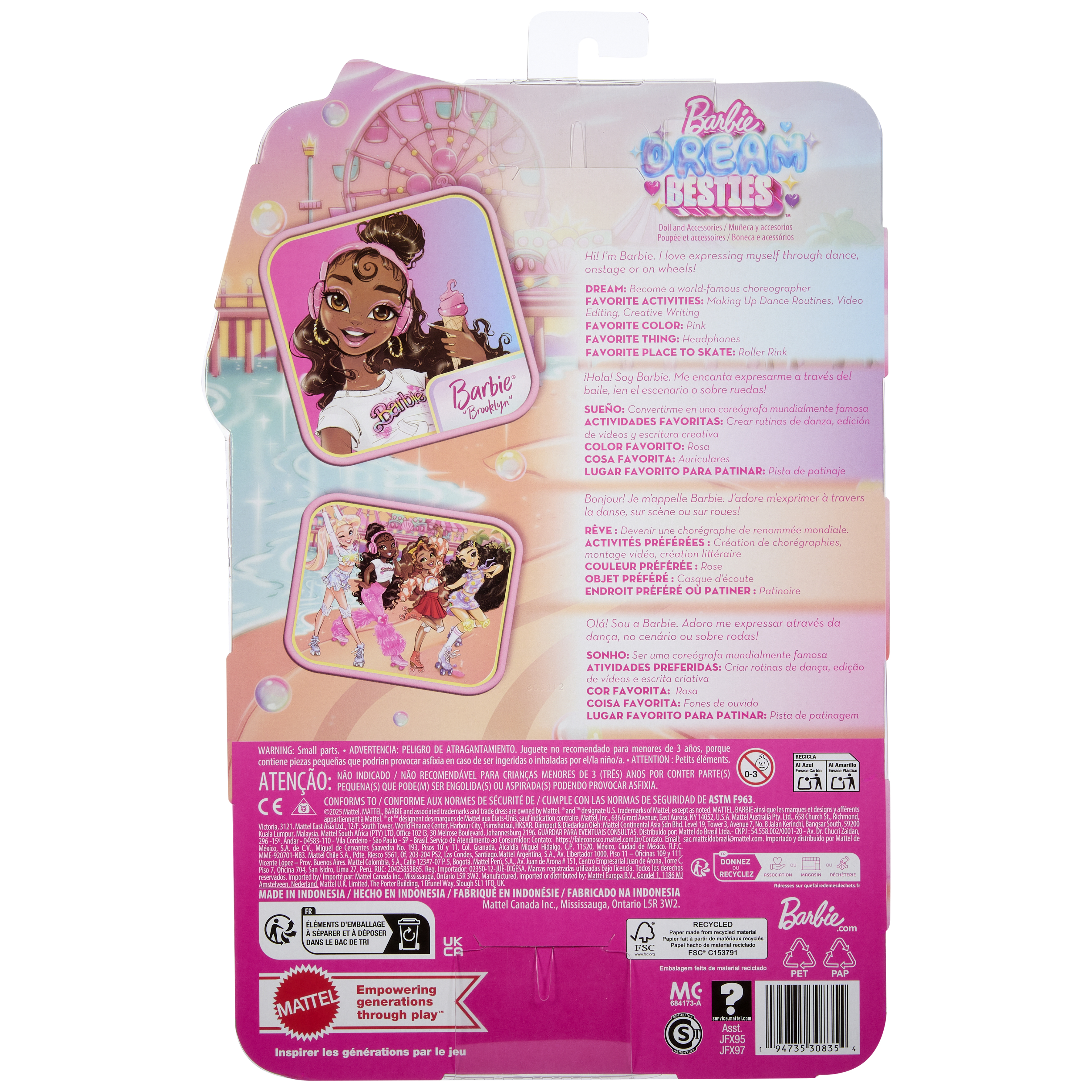 Caja Barbie Dream Besties. Presenta una muñeca Barbie con auriculares y una pista de patinaje.