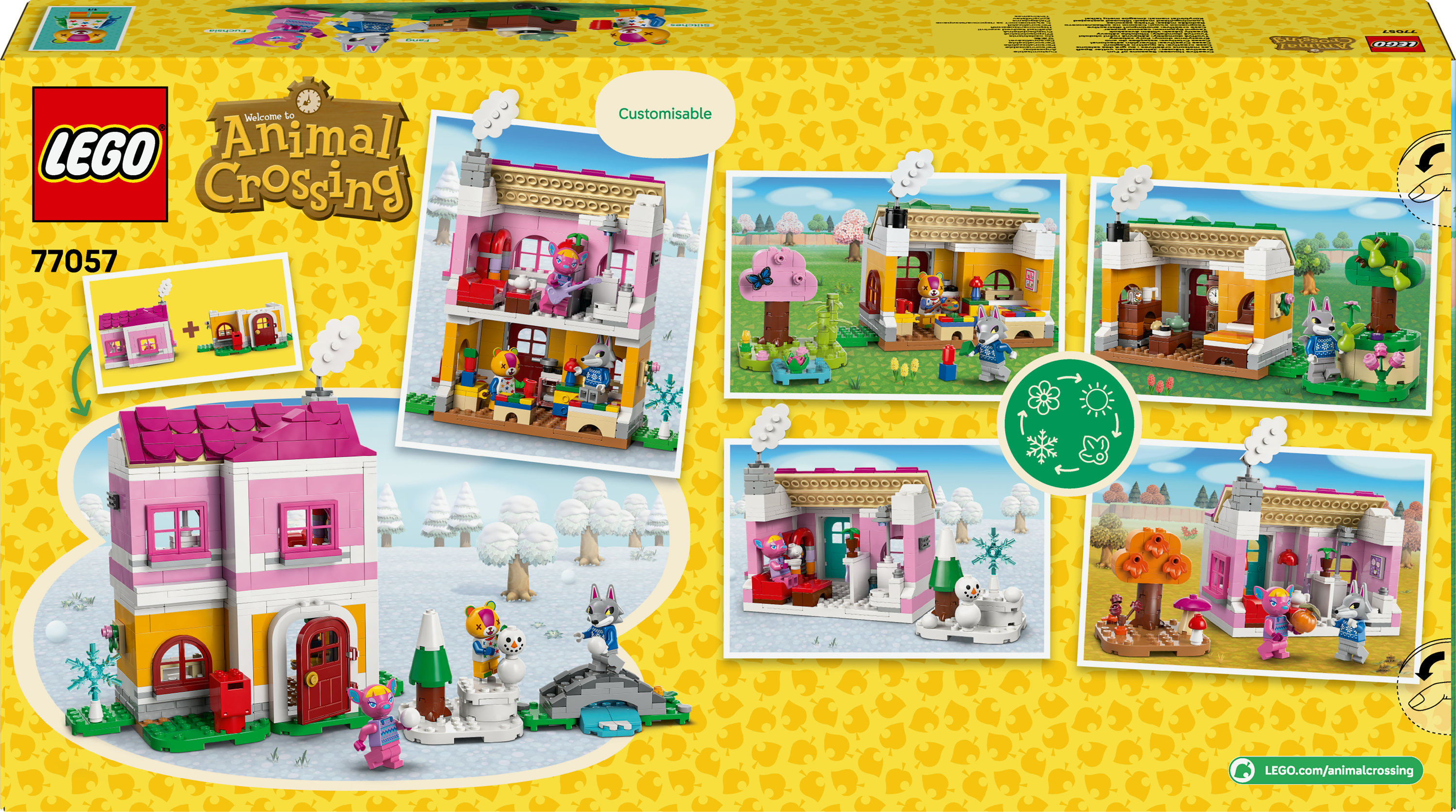 Caja del set LEGO Animal Crossing. Muestra varias escenas con personajes animales dentro y alrededor de casas coloridas. Incluye el logo de LEGO.